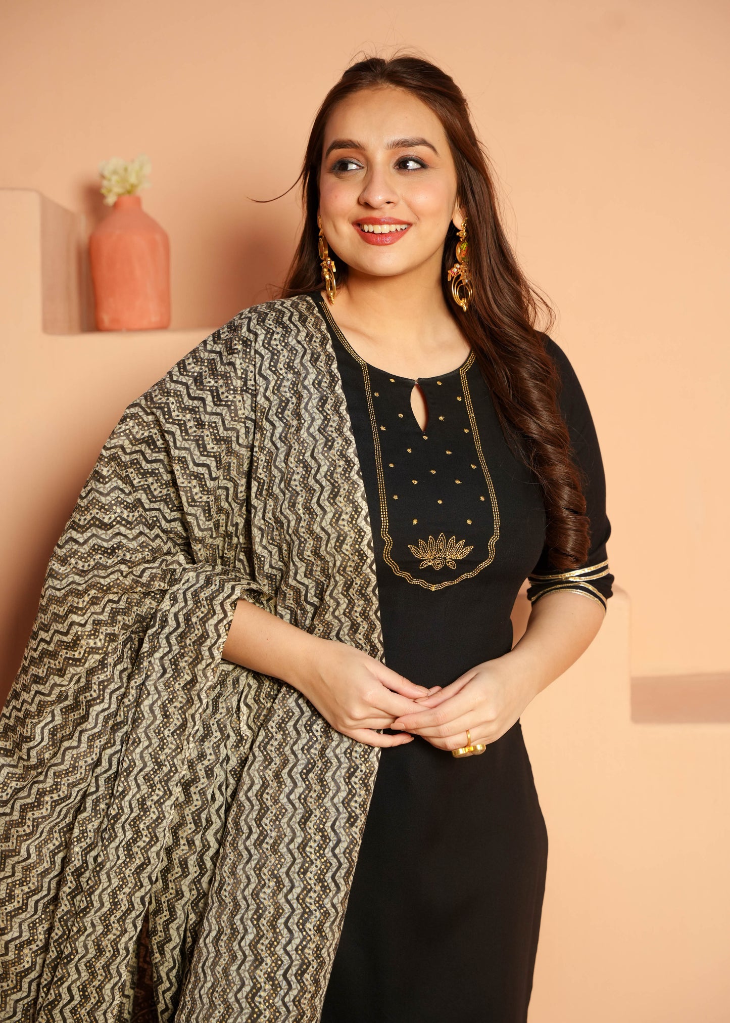 Embroidered Viscose Solid Straight Black Kurta