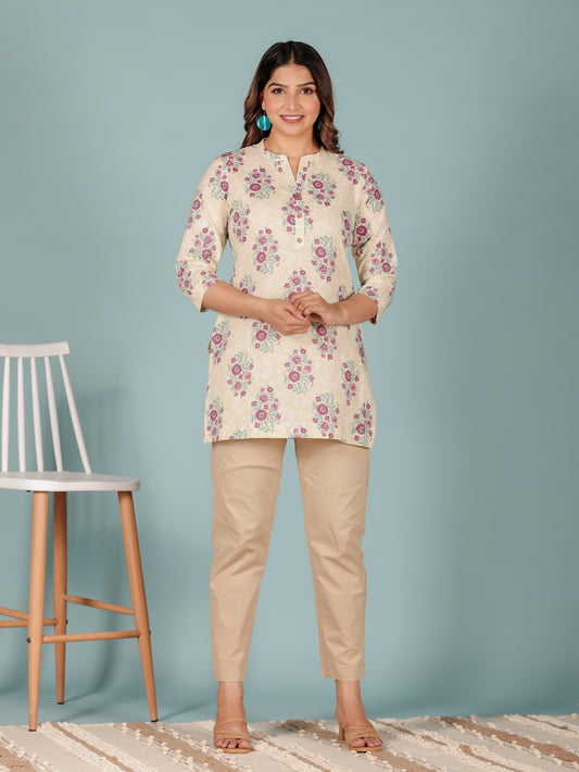 Soft Cotton Floral Cream Kurta