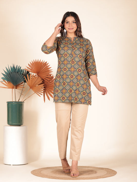 Soft Cotton Geometric Straight Blue Kurta