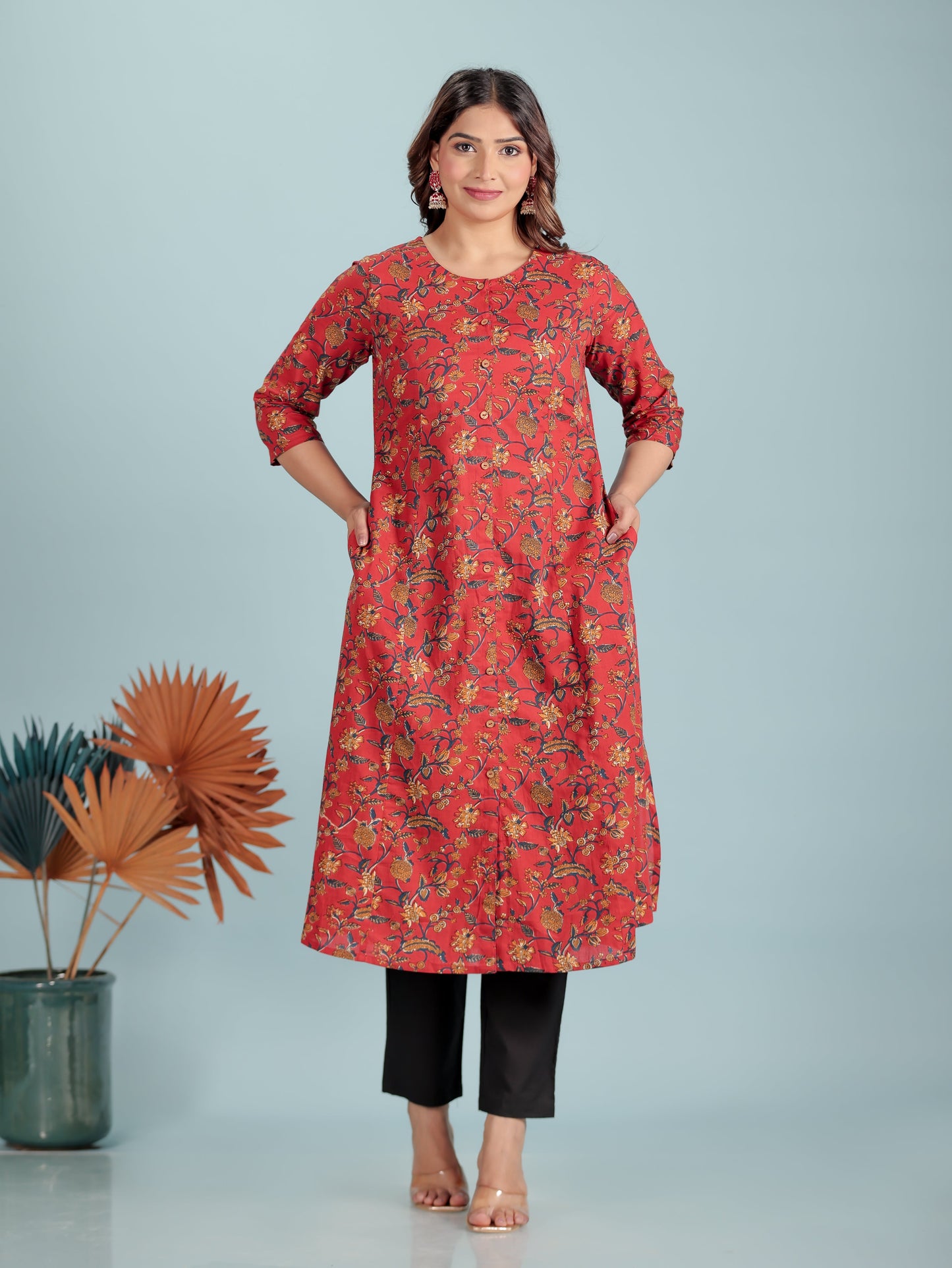Soft Cotton Floral Flared Red Kurta