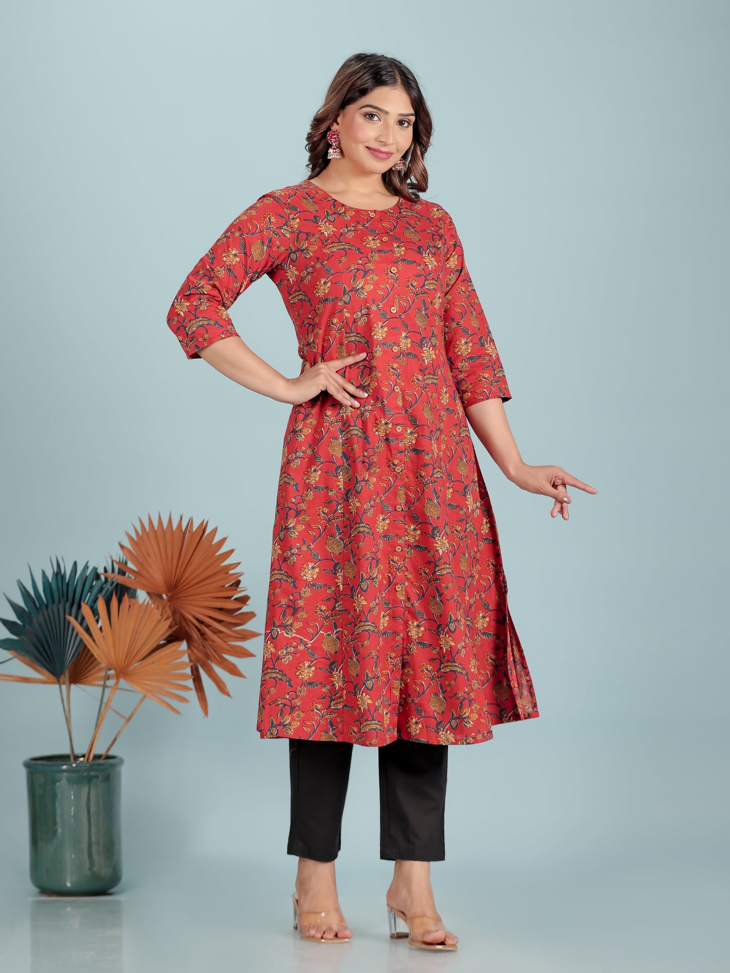 Soft Cotton Floral Flared Red Kurta