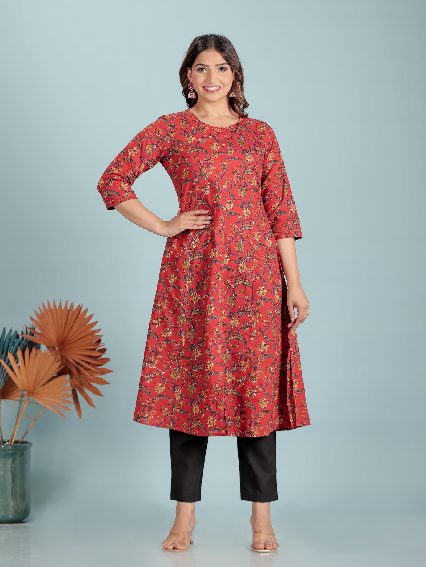 Soft Cotton Floral Flared Red Kurta
