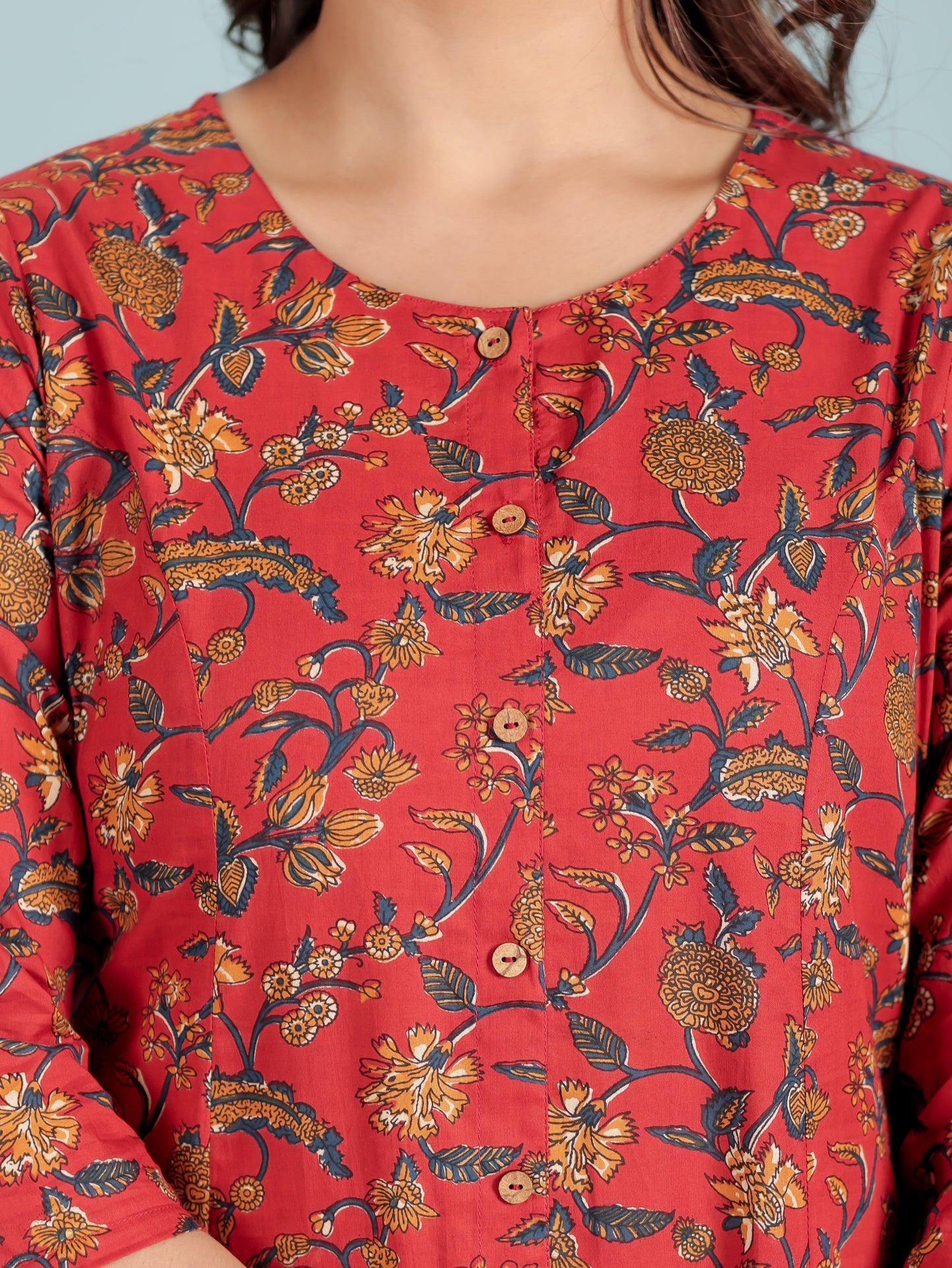 Soft Cotton Floral Flared Red Kurta