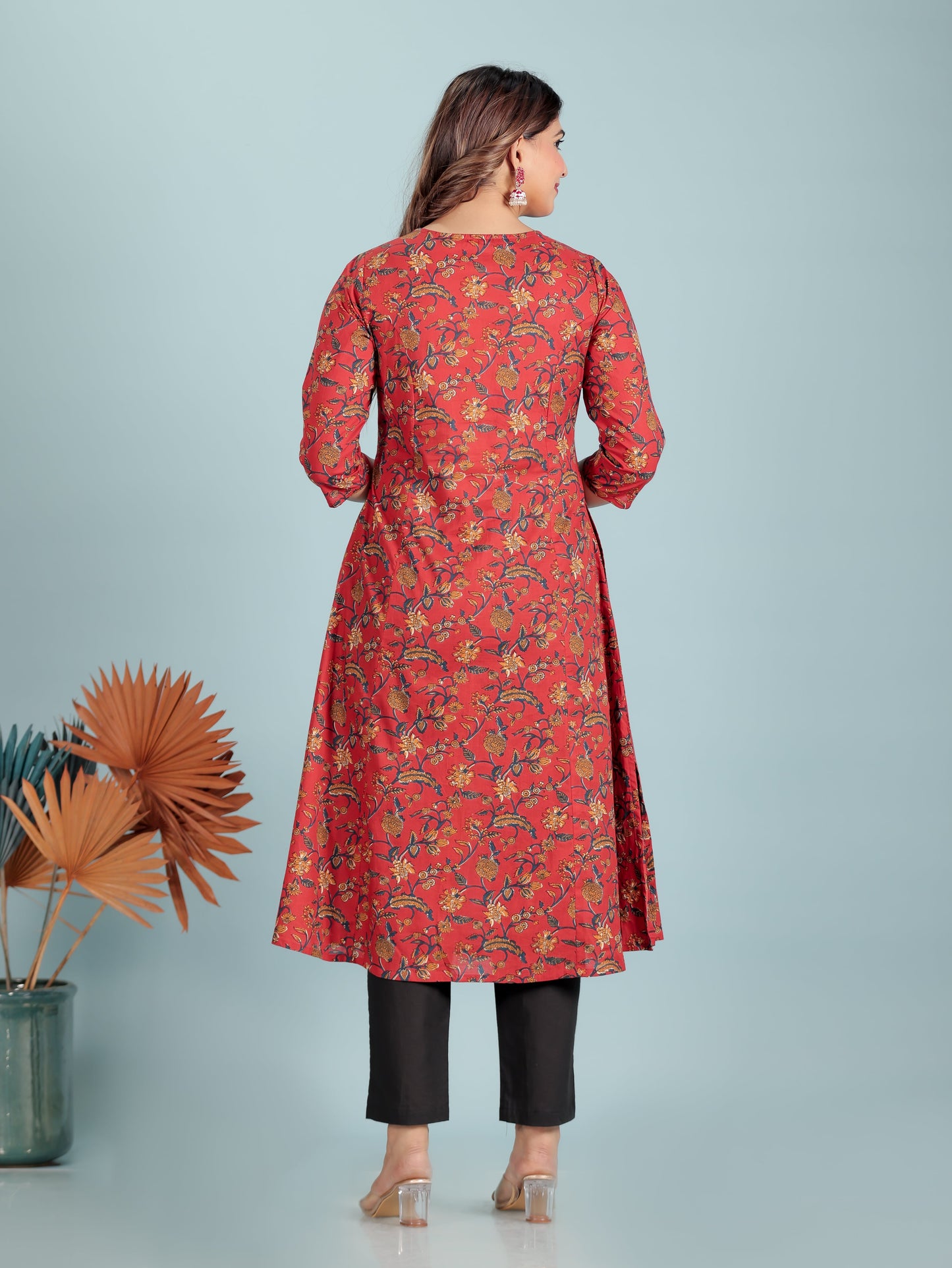 Soft Cotton Floral Flared Red Kurta