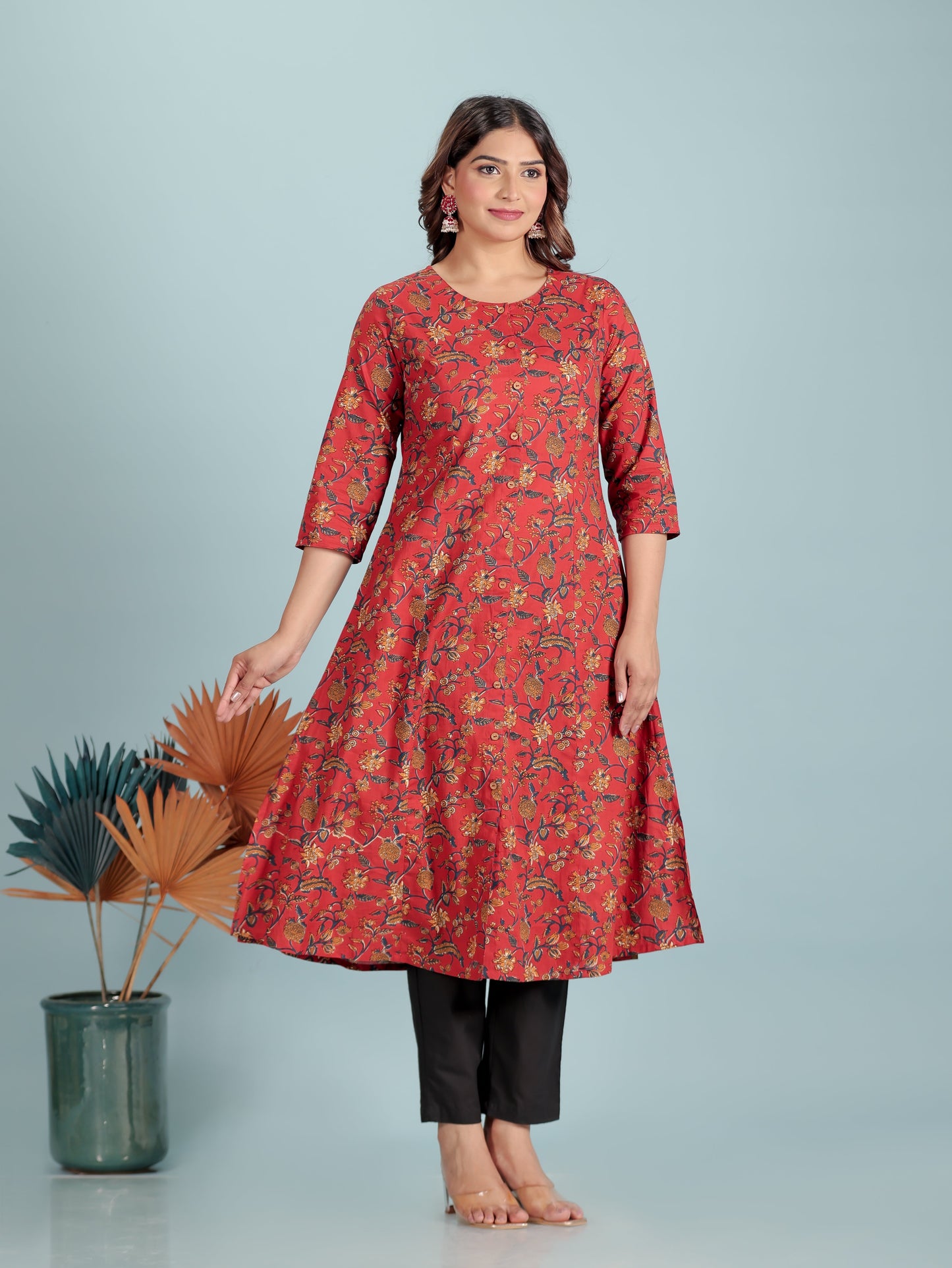 Soft Cotton Floral Flared Red Kurta