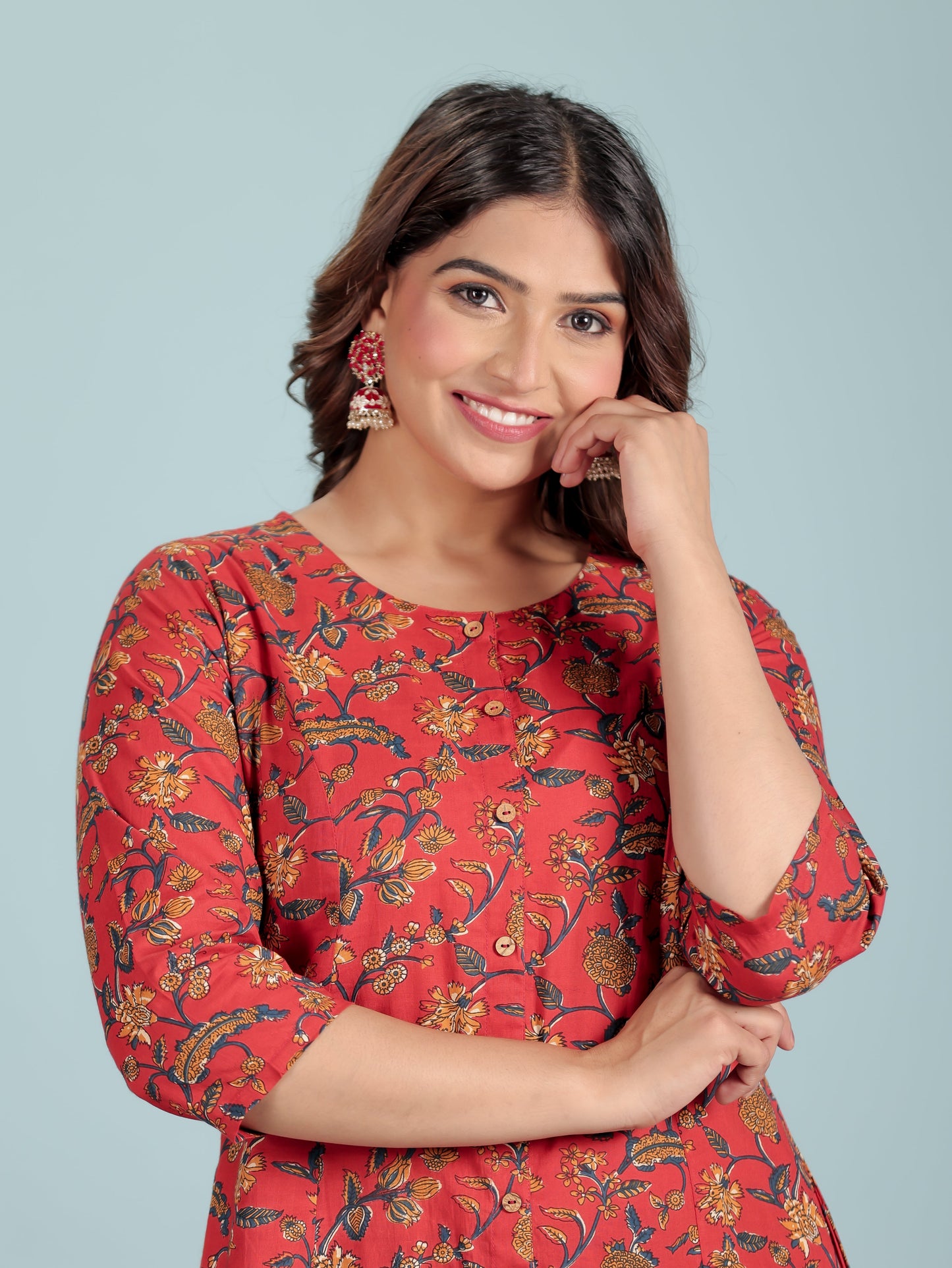 Soft Cotton Floral Flared Red Kurta