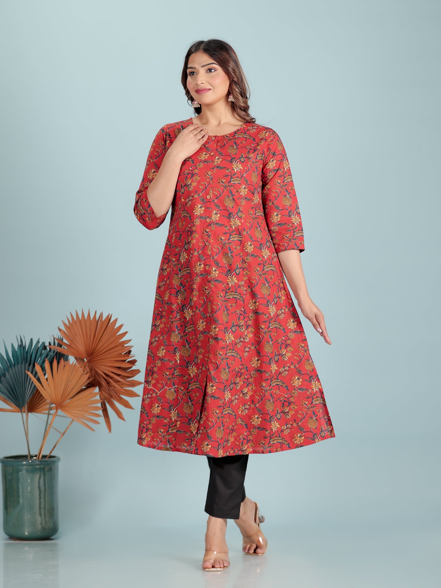 Soft Cotton Floral Flared Red Kurta