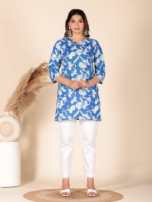 Soft Cotton Floral Straight Blue Kurti