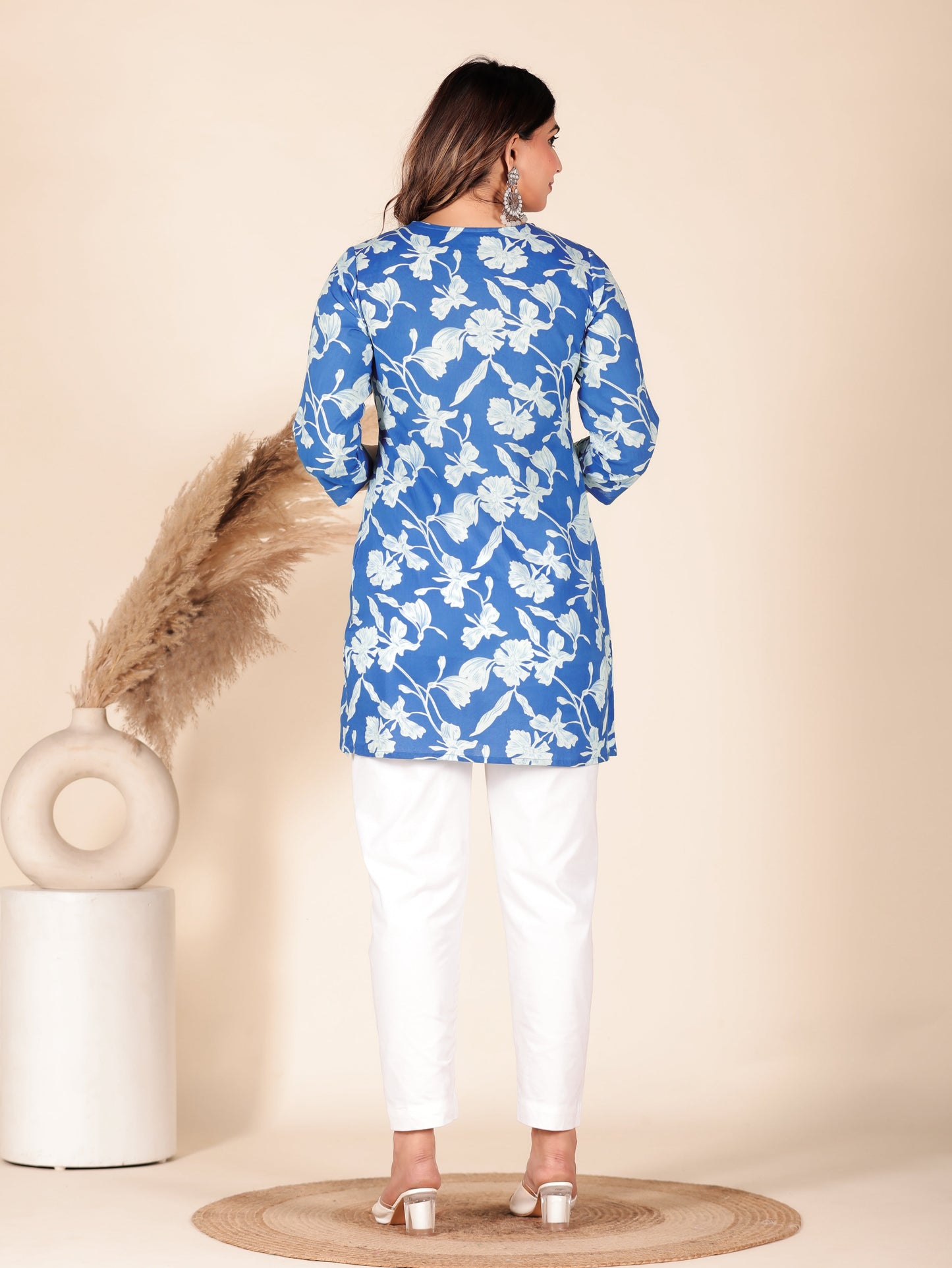 Soft Cotton Floral Straight Blue Kurti