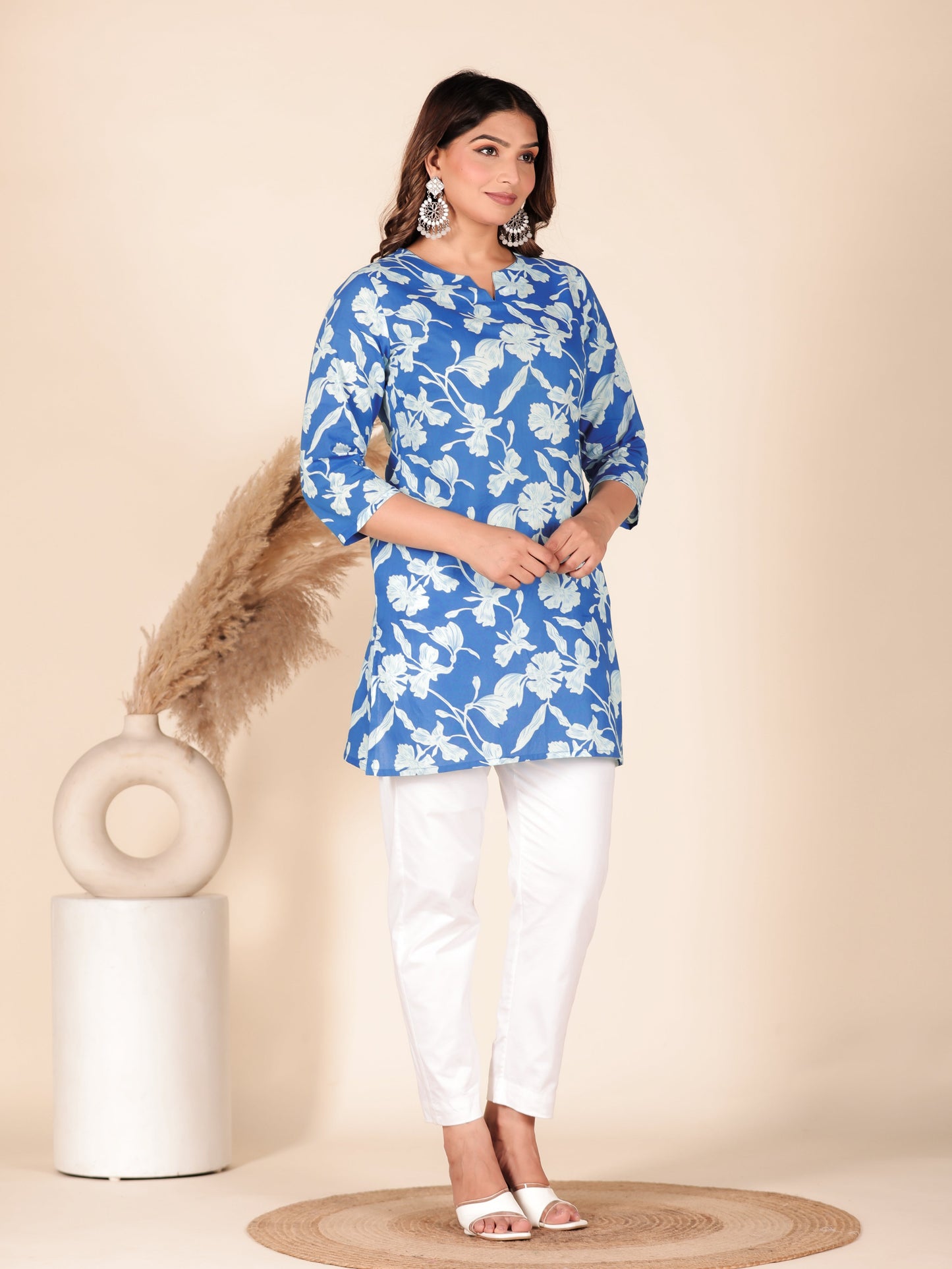Soft Cotton Floral Straight Blue Kurti