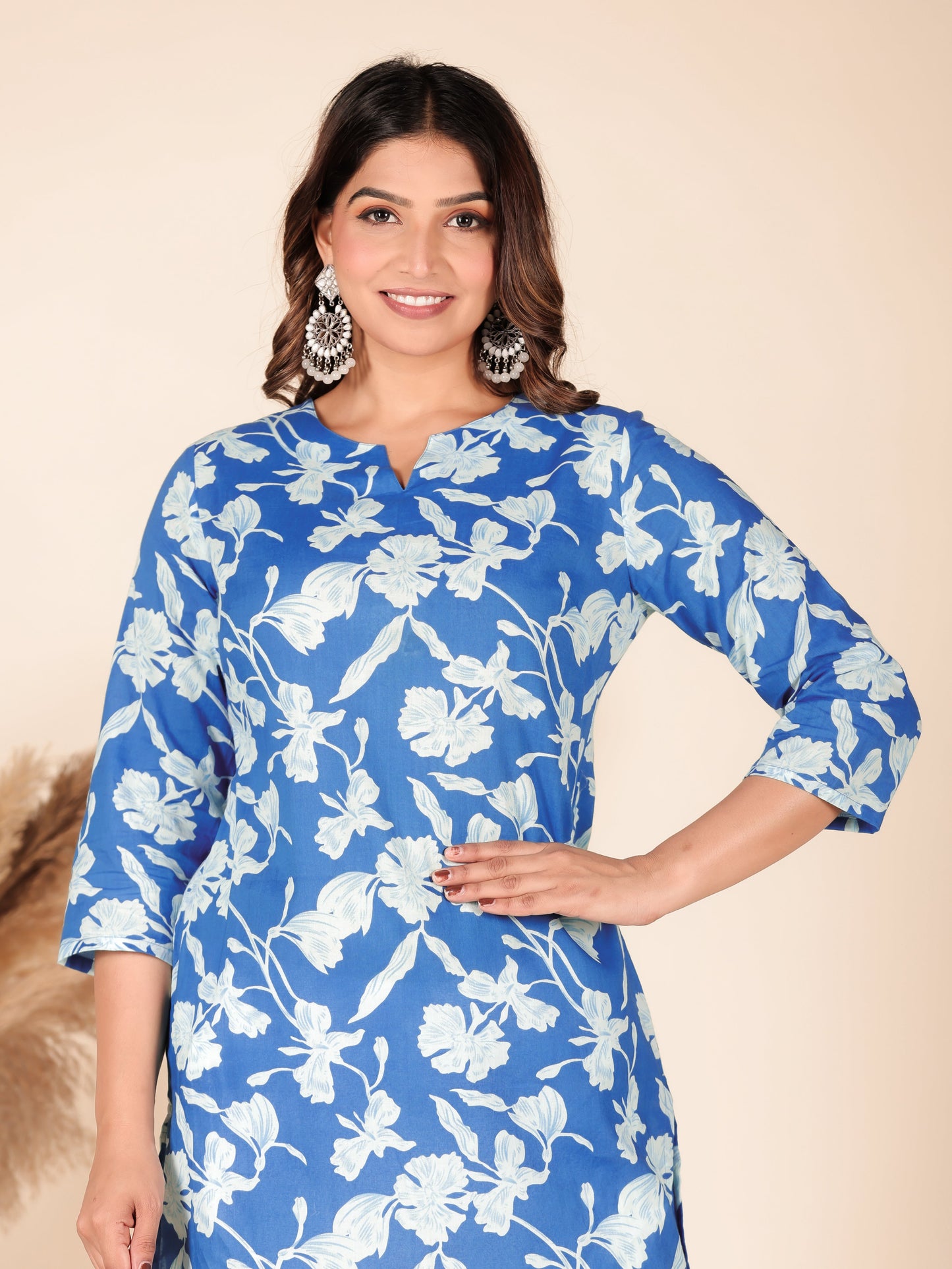 Soft Cotton Floral Straight Blue Kurti