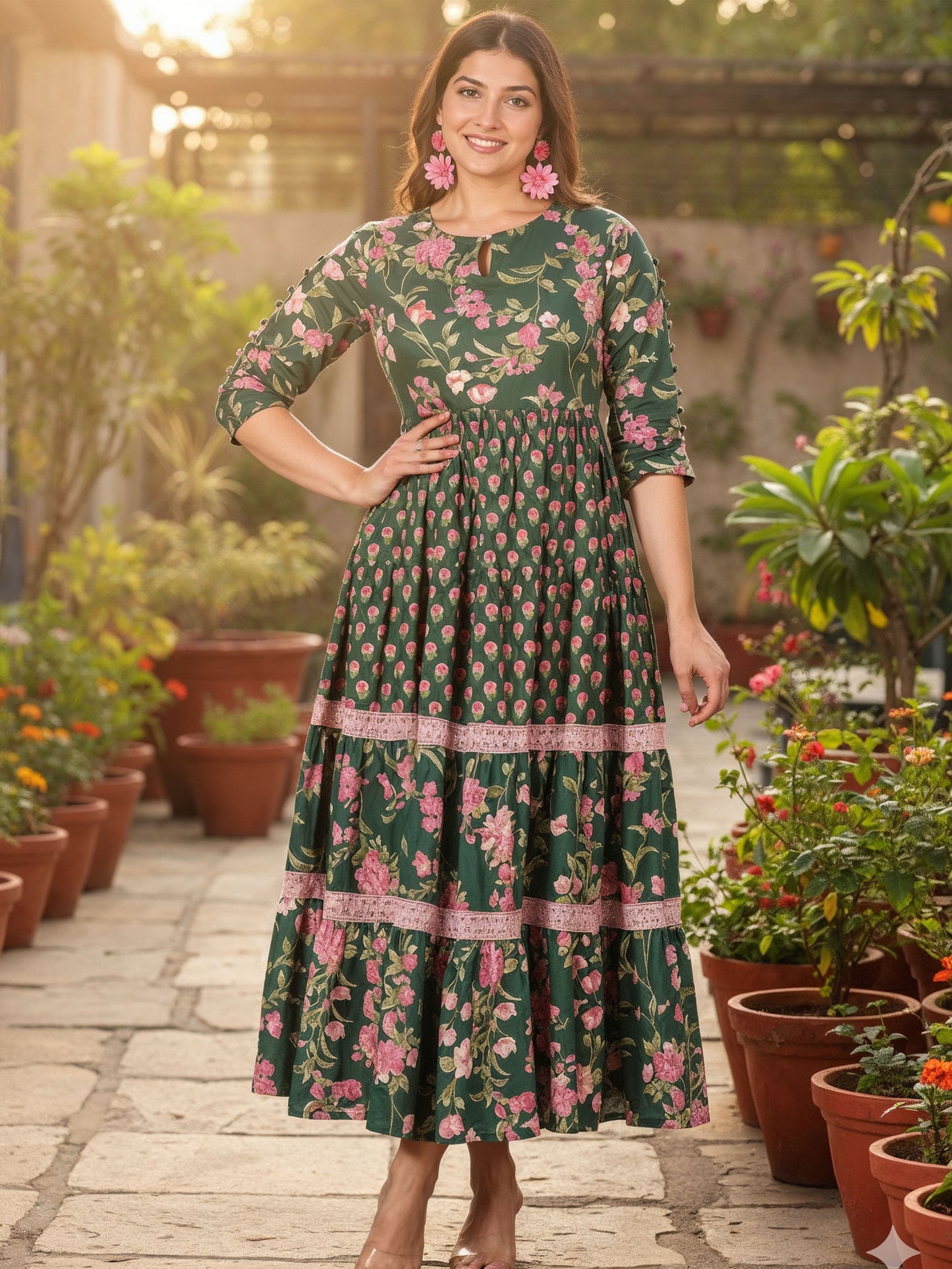 Soft Cotton Floral Tiered Green Dress