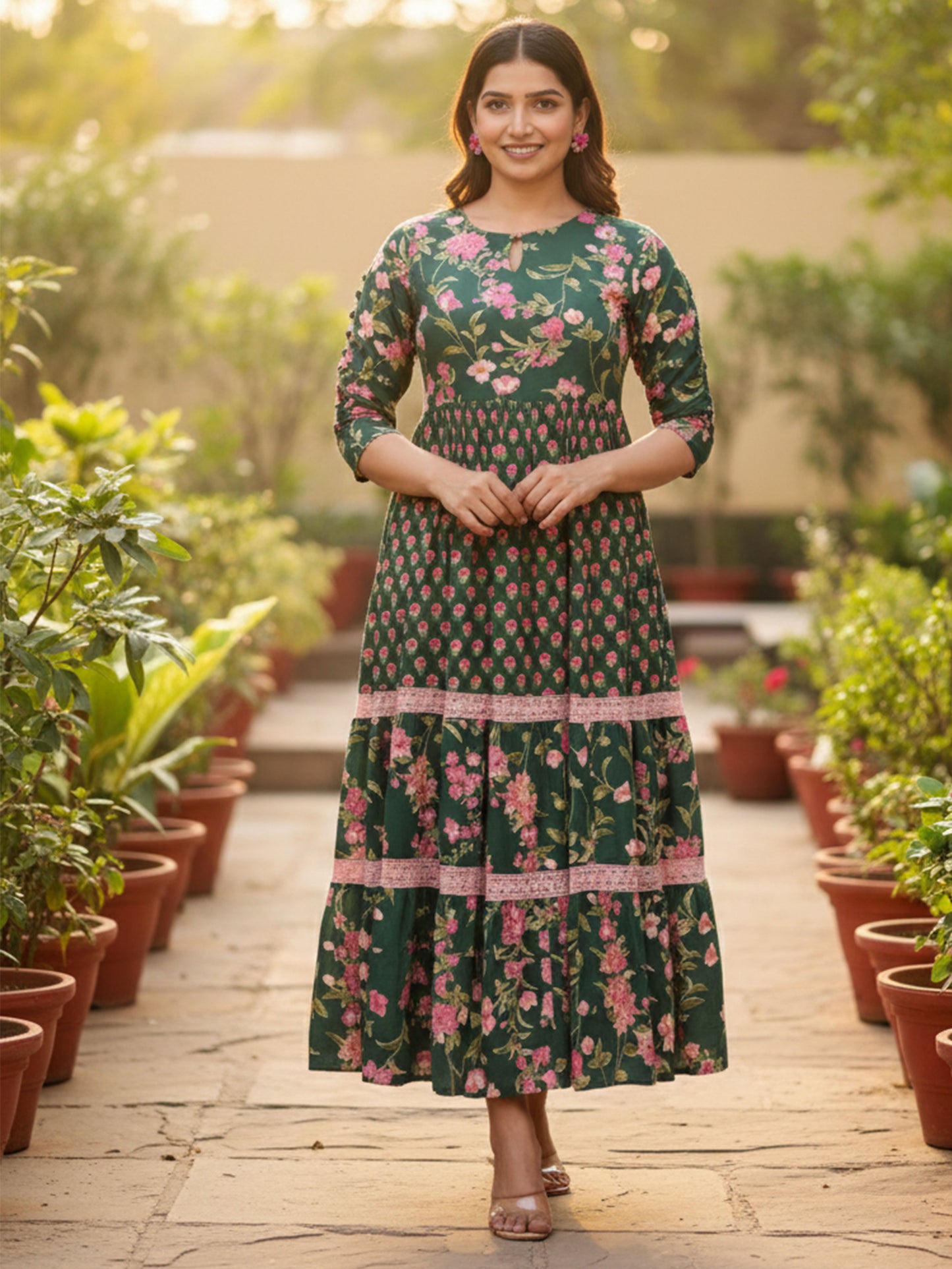 Soft Cotton Floral Tiered Green Dress