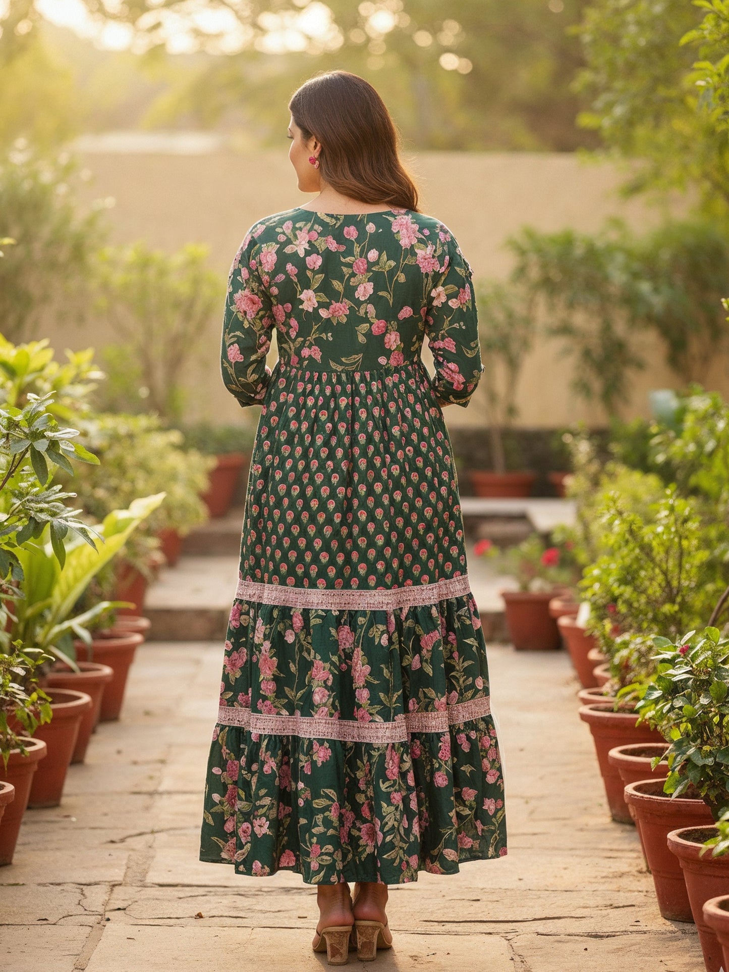 Soft Cotton Floral Tiered Green Dress