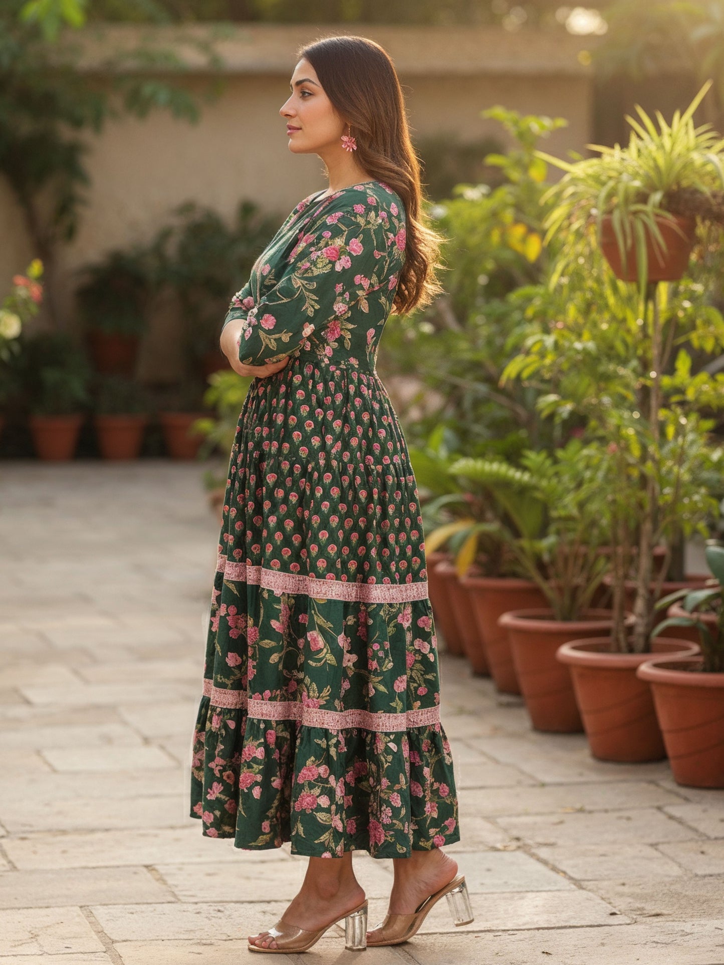 Soft Cotton Floral Tiered Green Dress