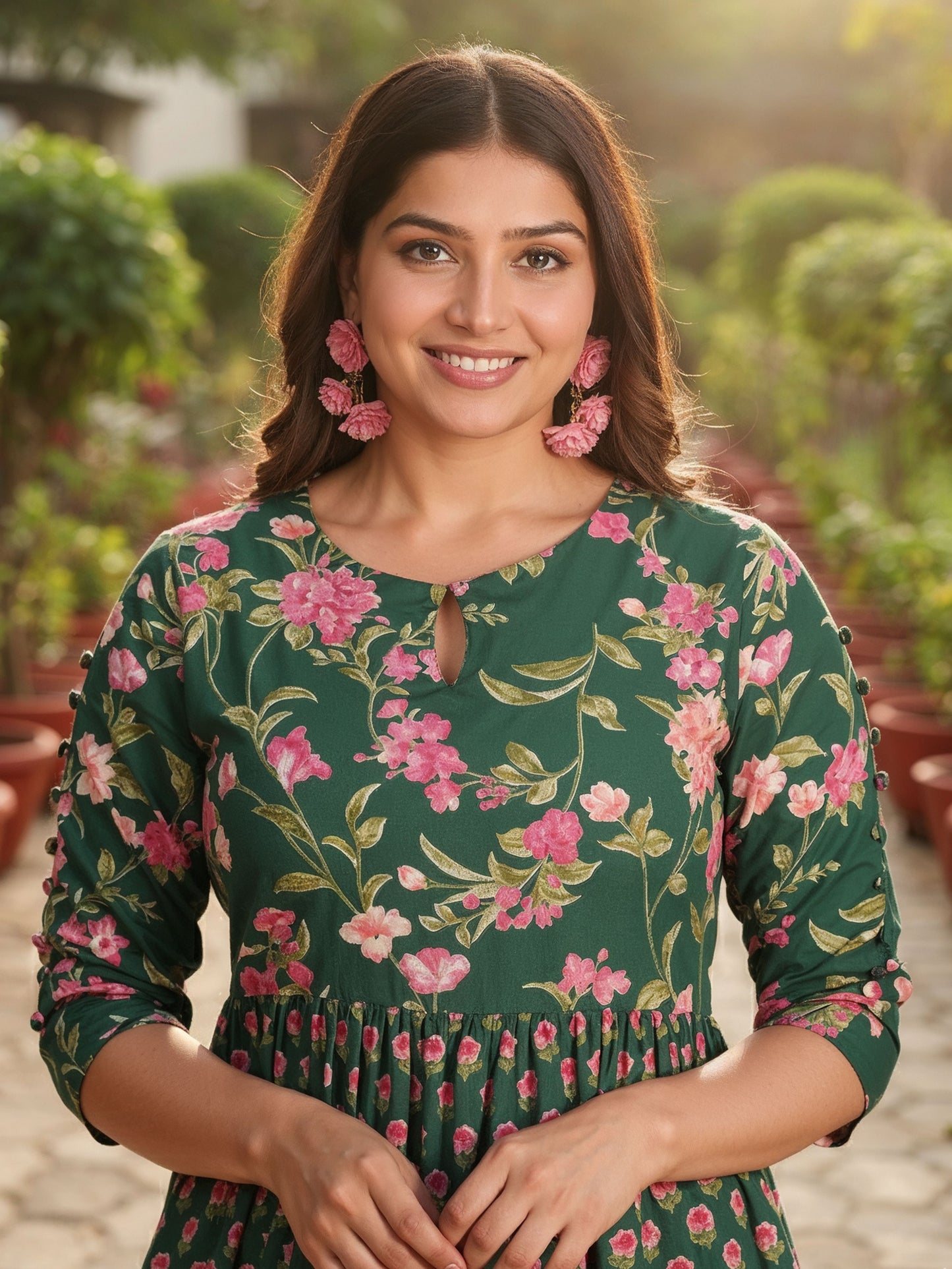 Soft Cotton Floral Tiered Green Dress