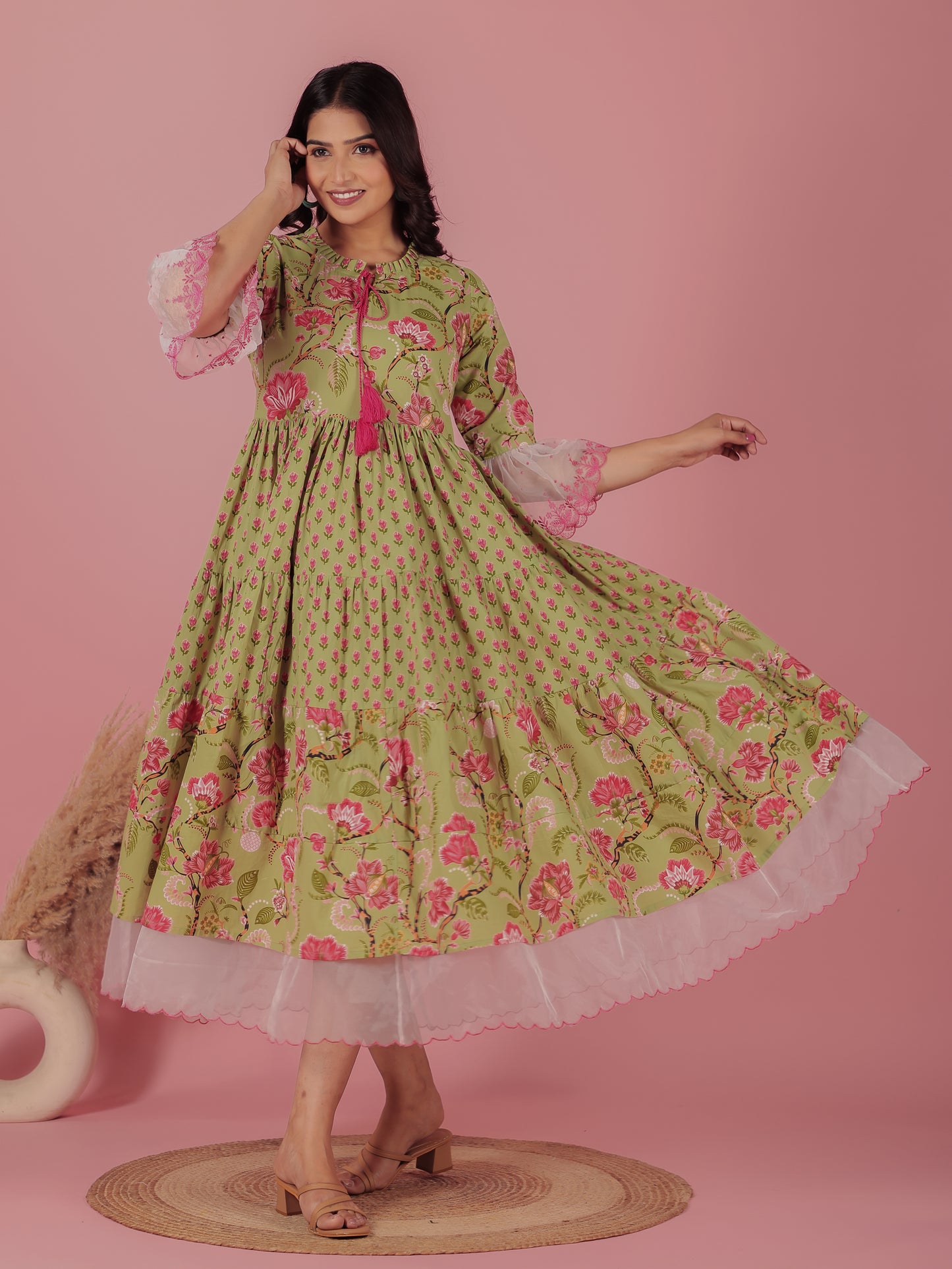 Soft Cotton Floral Flared Green Dress