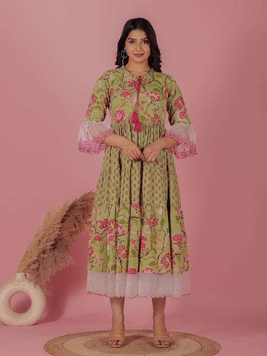 Soft Cotton Floral Flared Green Dress