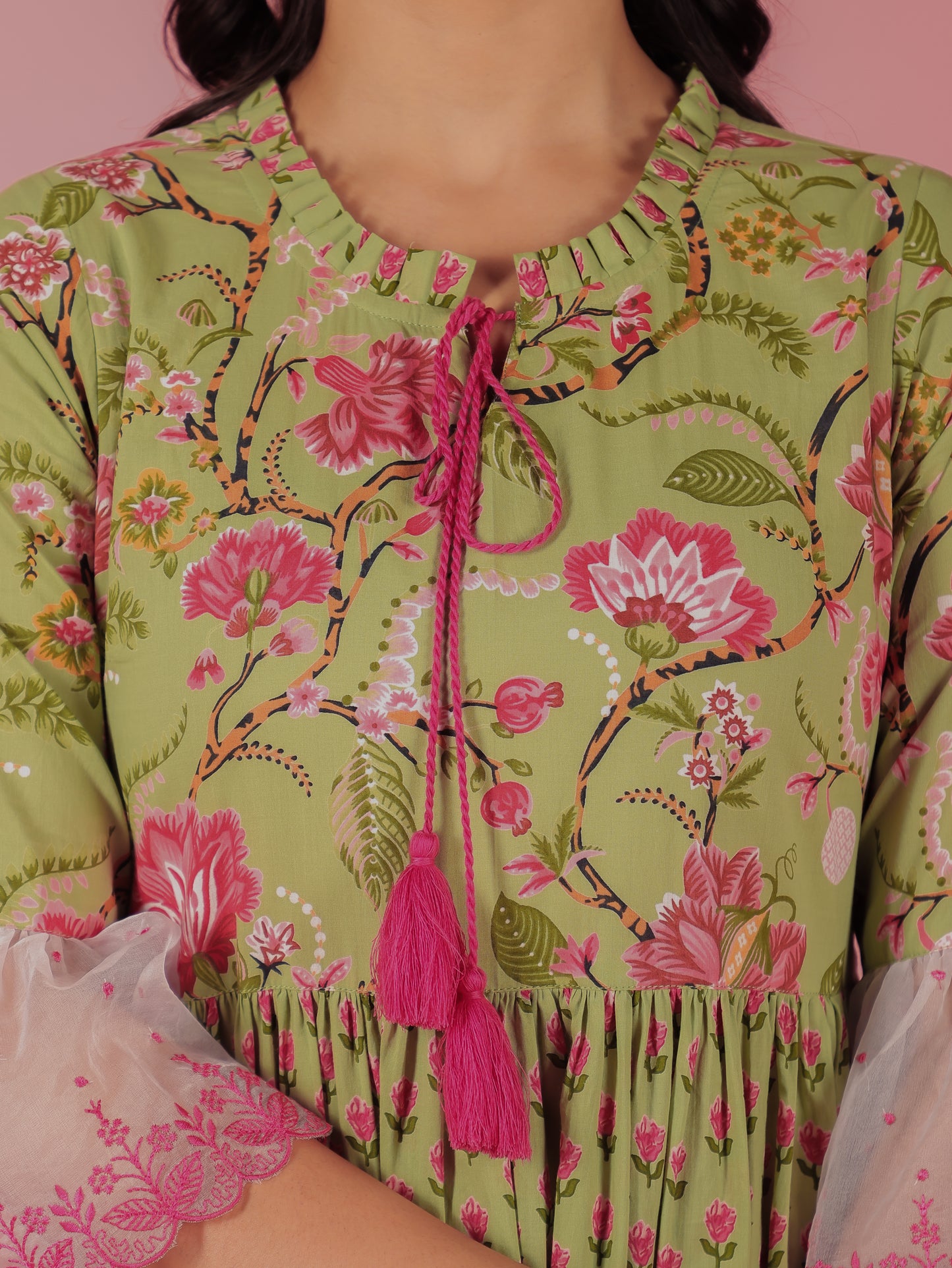 Soft Cotton Floral Flared Green Dress