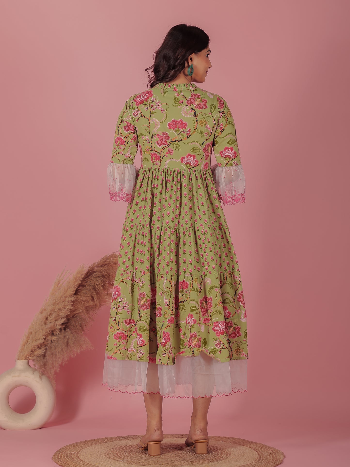 Soft Cotton Floral Flared Green Dress