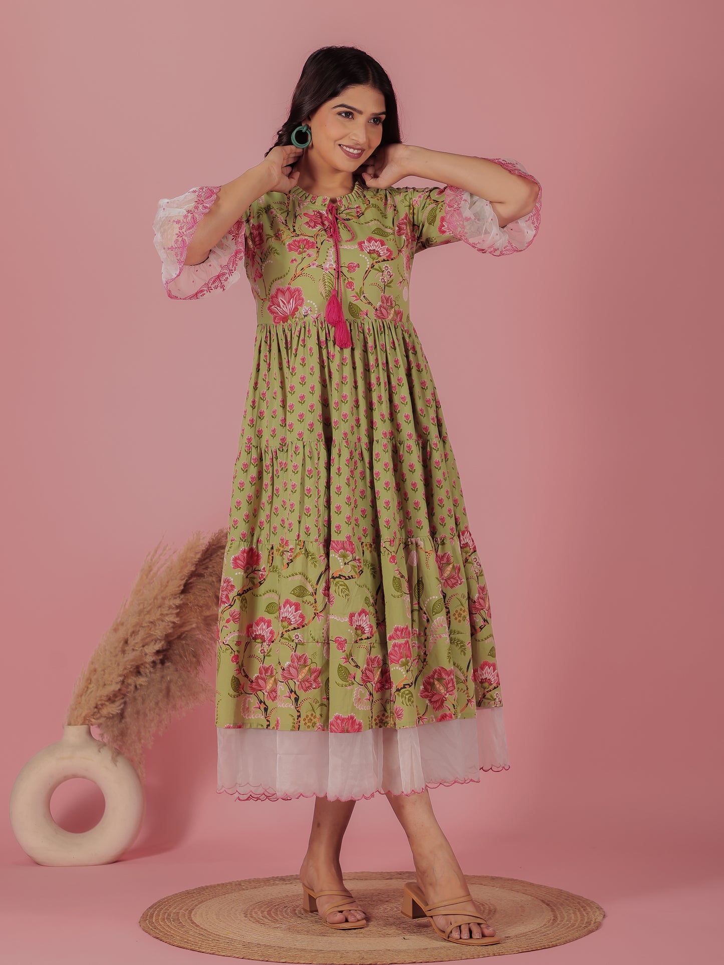 Soft Cotton Floral Flared Green Dress