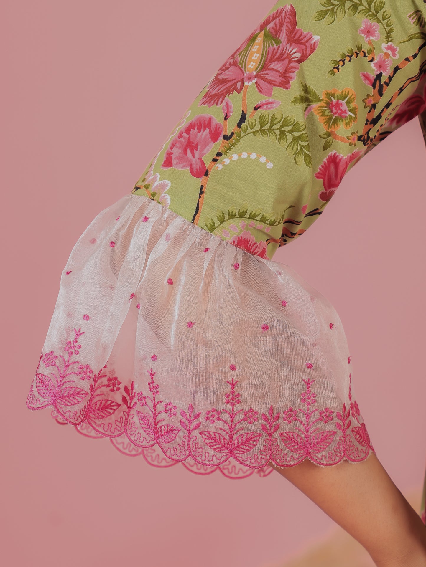 Soft Cotton Floral Flared Green Dress