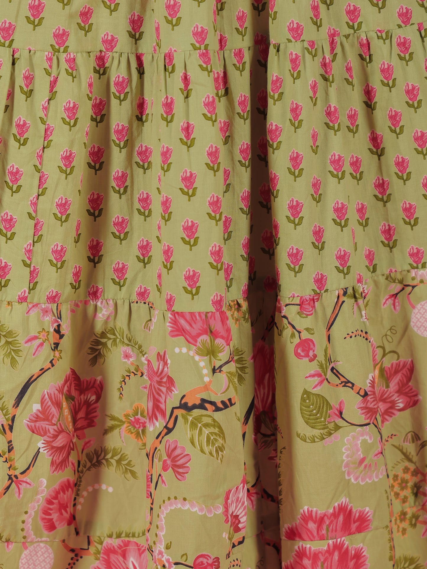 Soft Cotton Floral Flared Green Dress