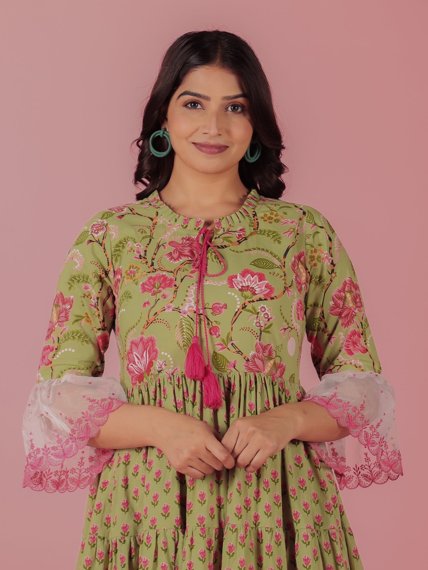 Soft Cotton Floral Flared Green Dress