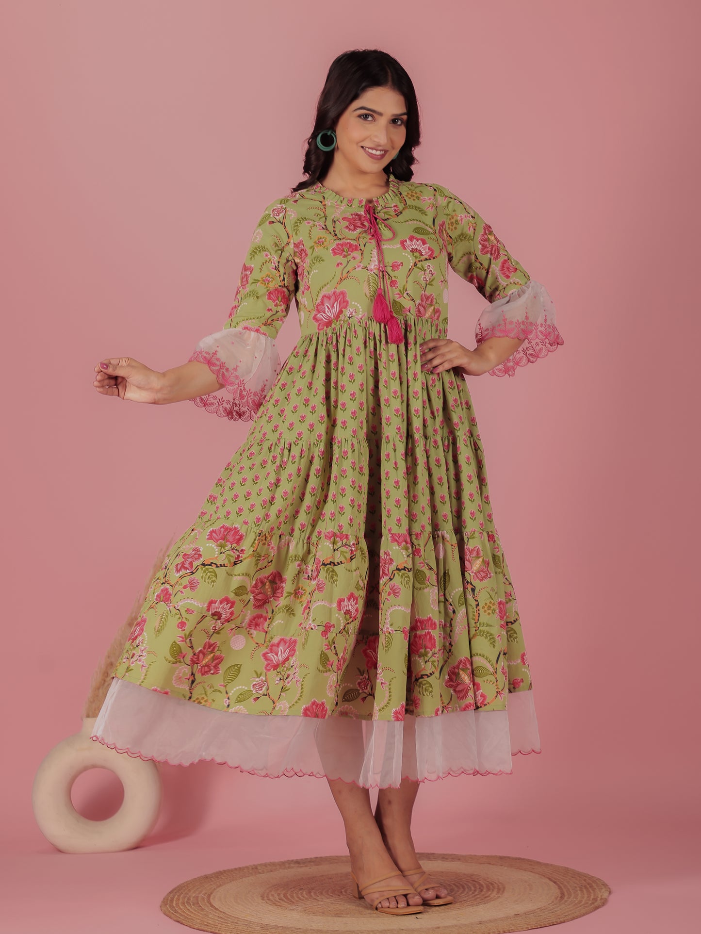 Soft Cotton Floral Flared Green Dress