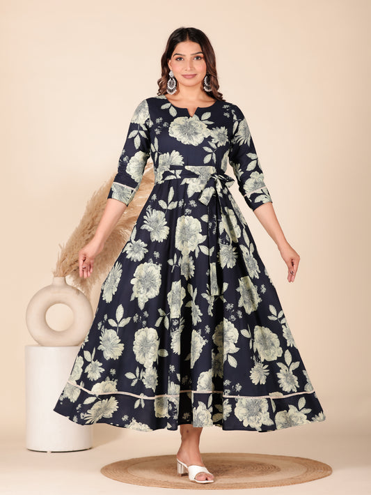 Soft Cotton Floral Anarkali Blue Dress (With Belt)