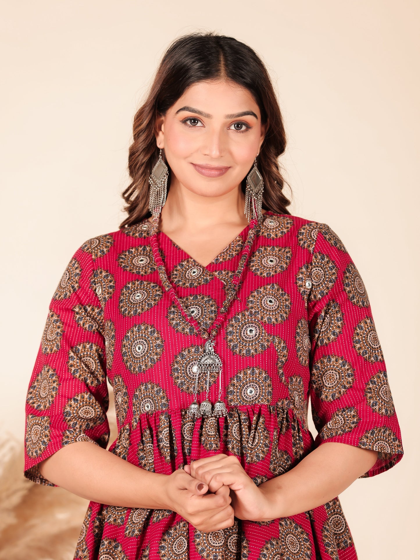 Kantha Cotton Geometric Angrakha Red Dress