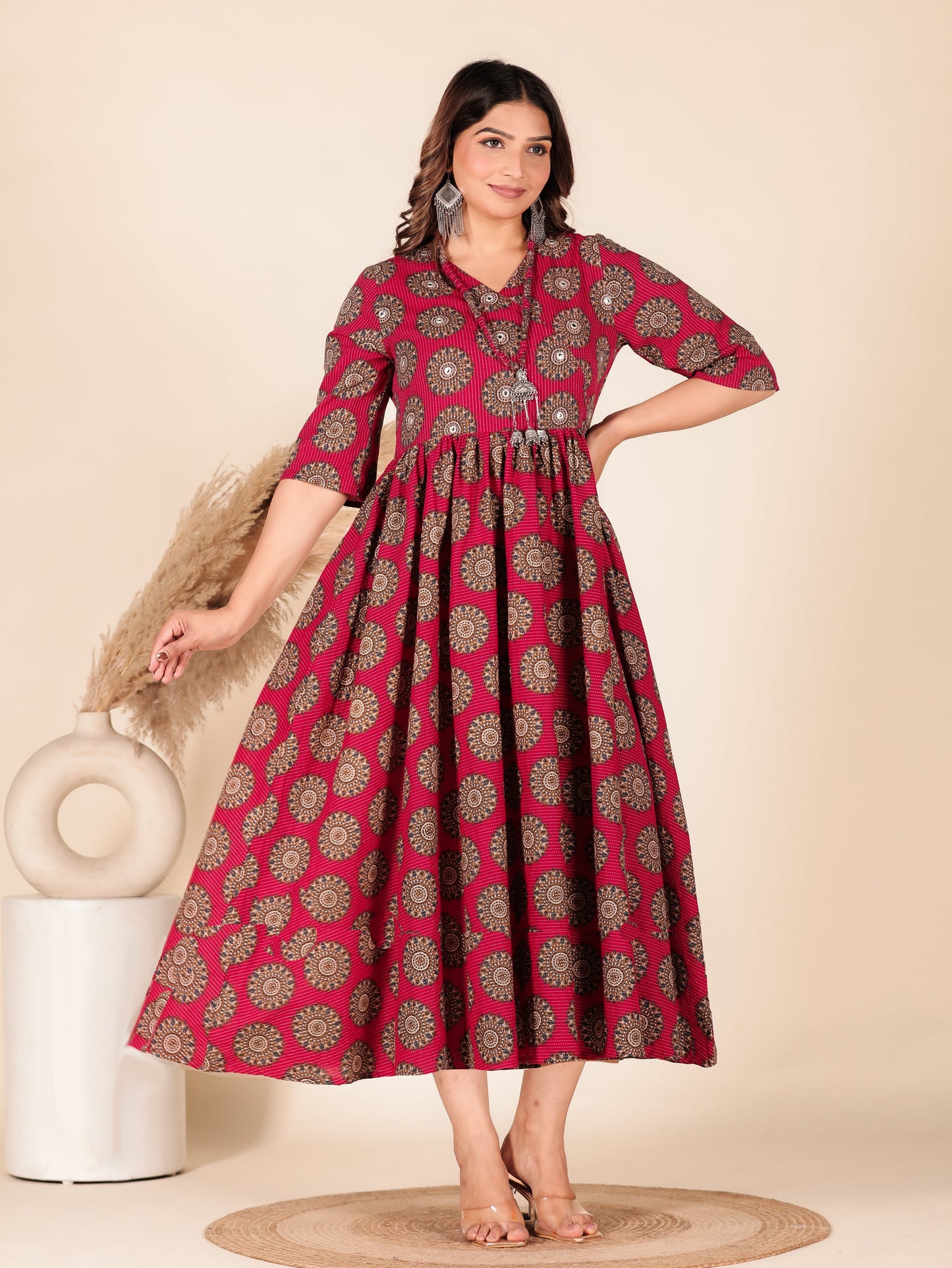 Kantha Cotton Geometric Angrakha Red Dress