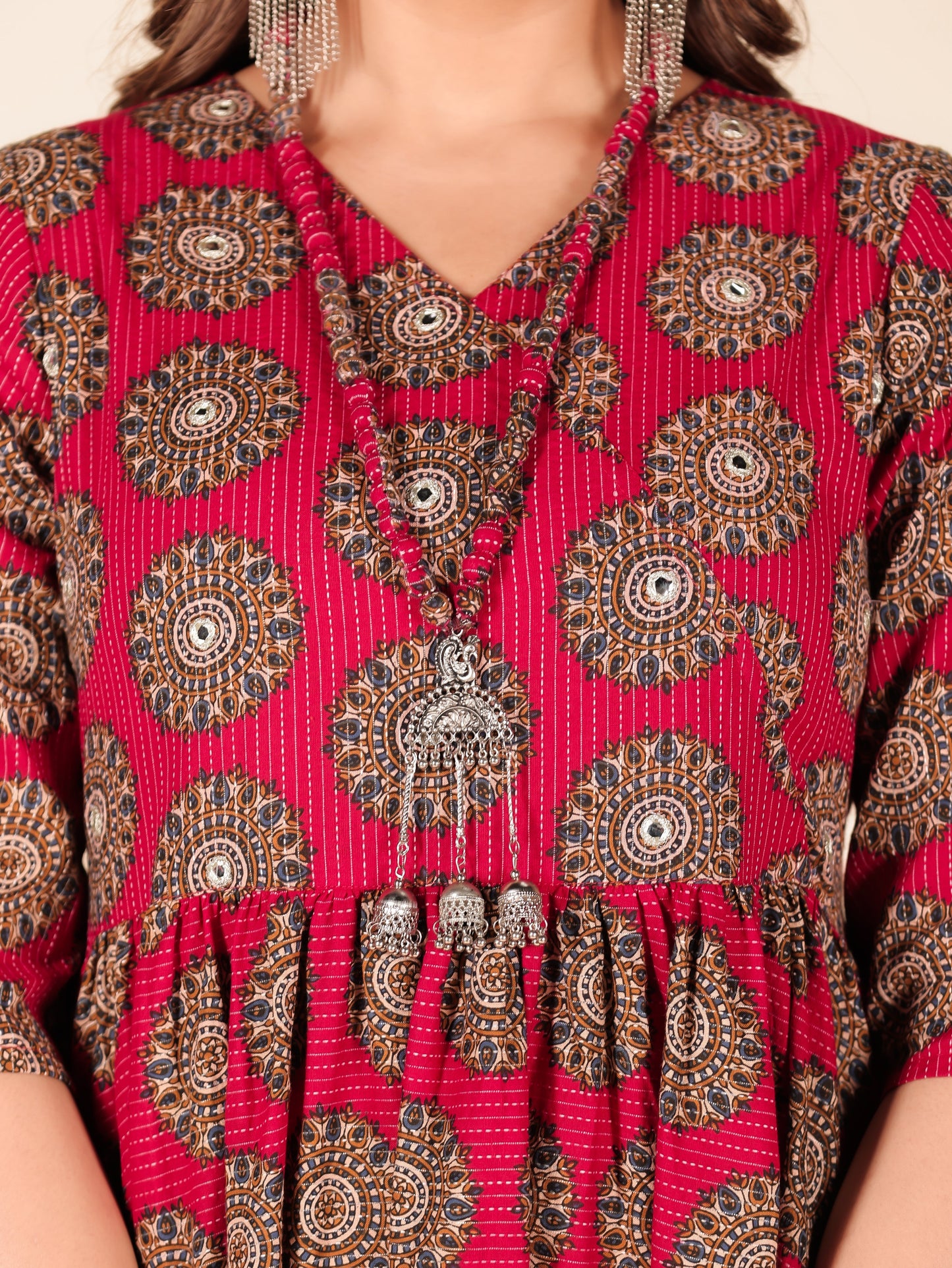 Kantha Cotton Geometric Angrakha Red Dress