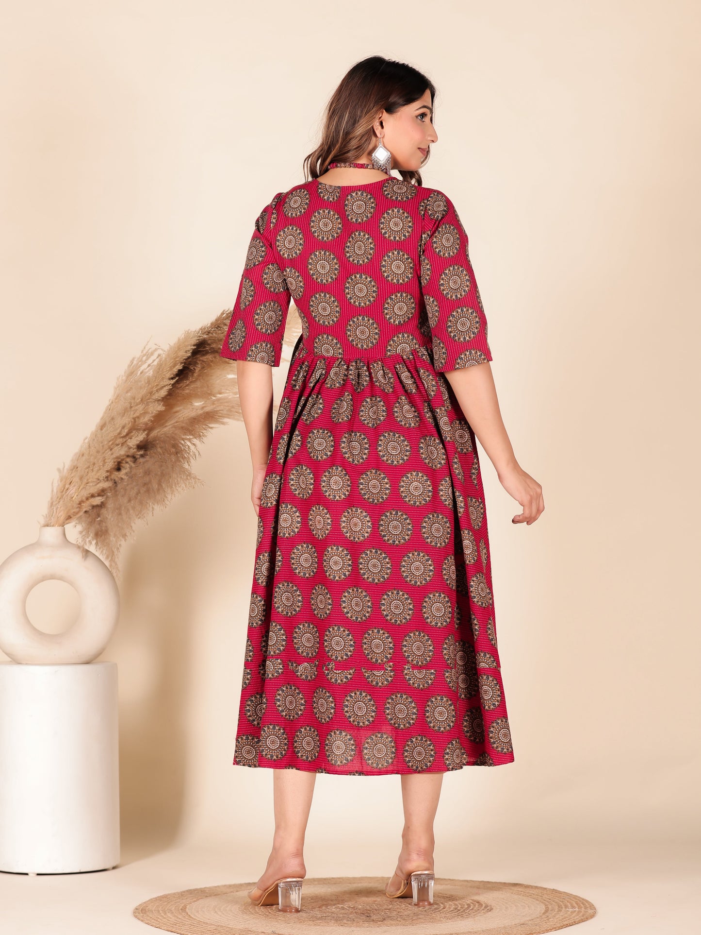 Kantha Cotton Geometric Angrakha Red Dress