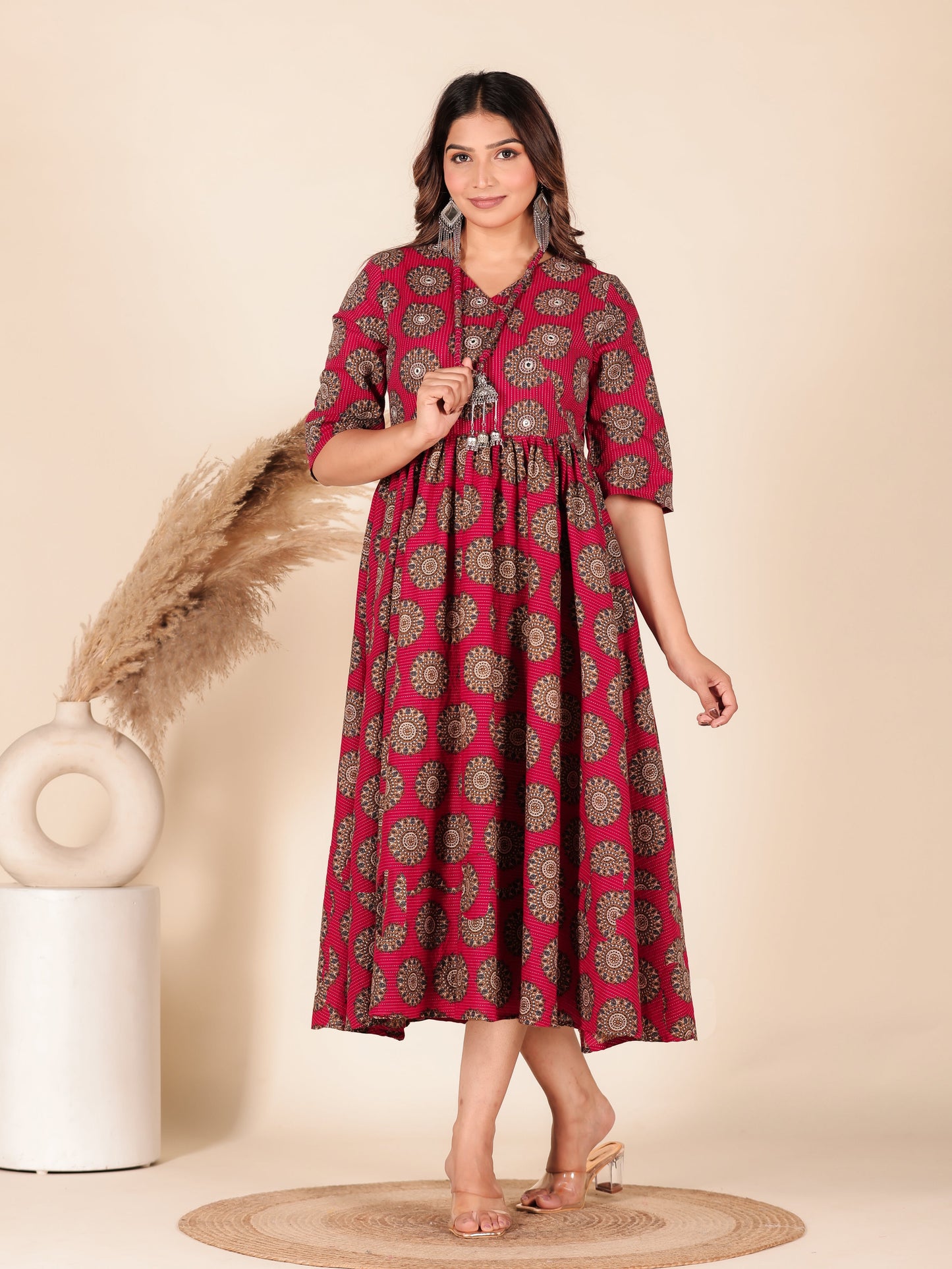 Kantha Cotton Geometric Angrakha Red Dress