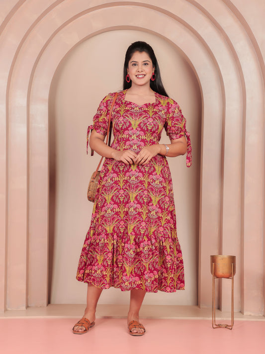 Soft Cotton Floral Tiered Red Dress