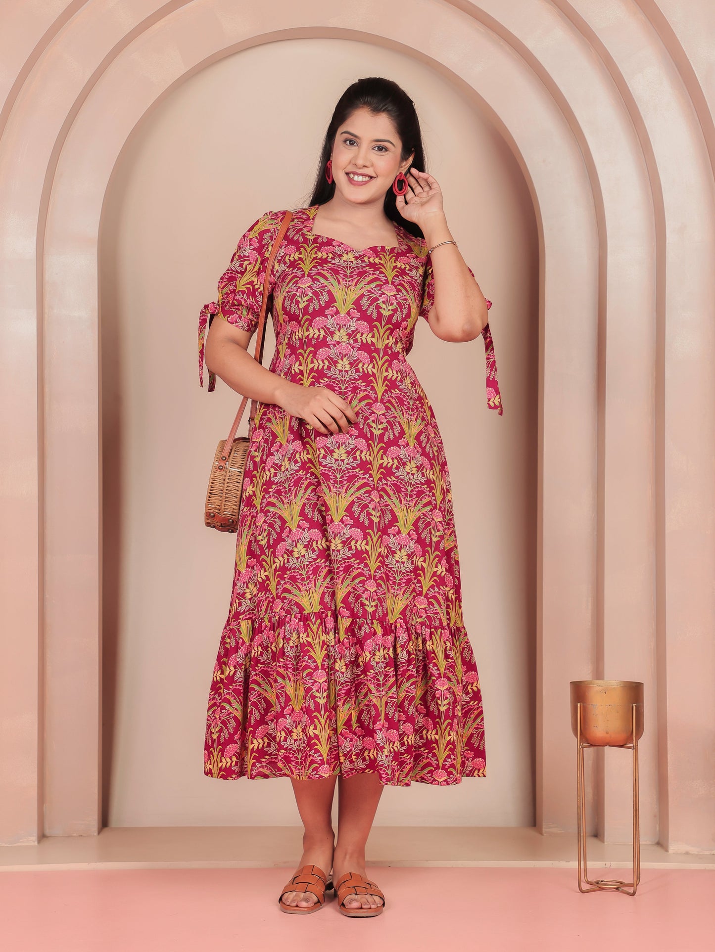 Soft Cotton Floral Tiered Red Dress