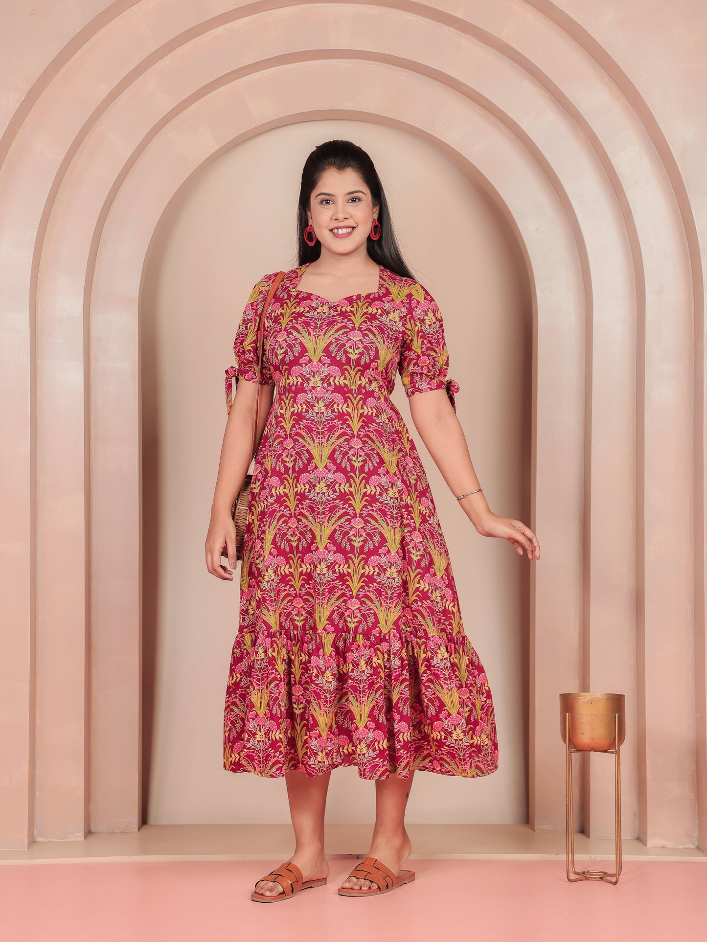 Soft Cotton Floral Tiered Red Dress