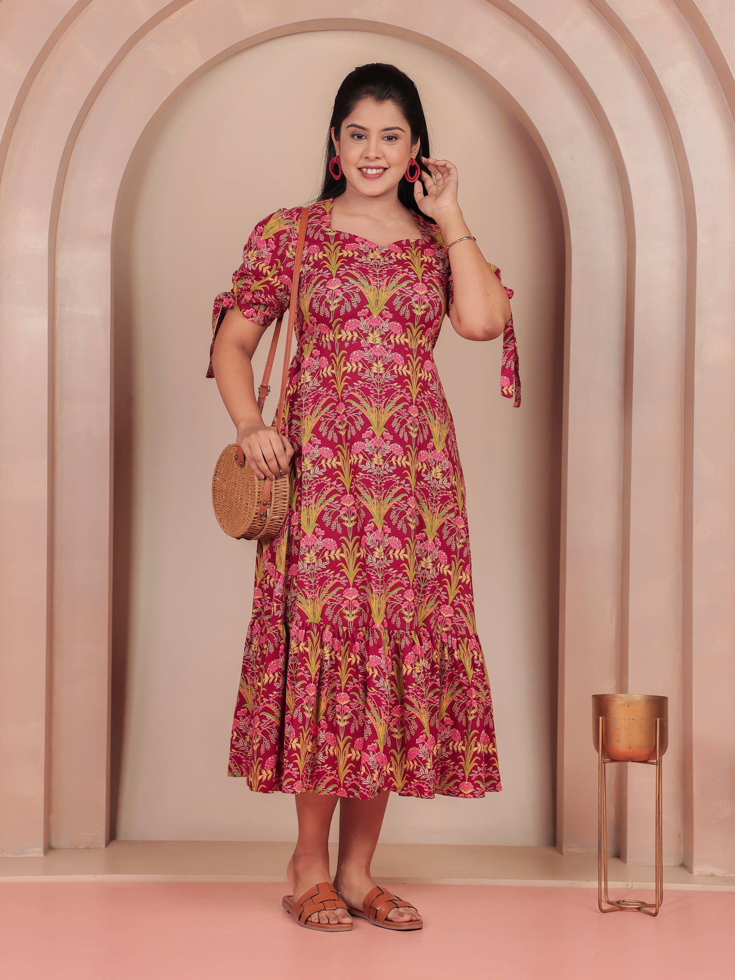 Soft Cotton Floral Tiered Red Dress