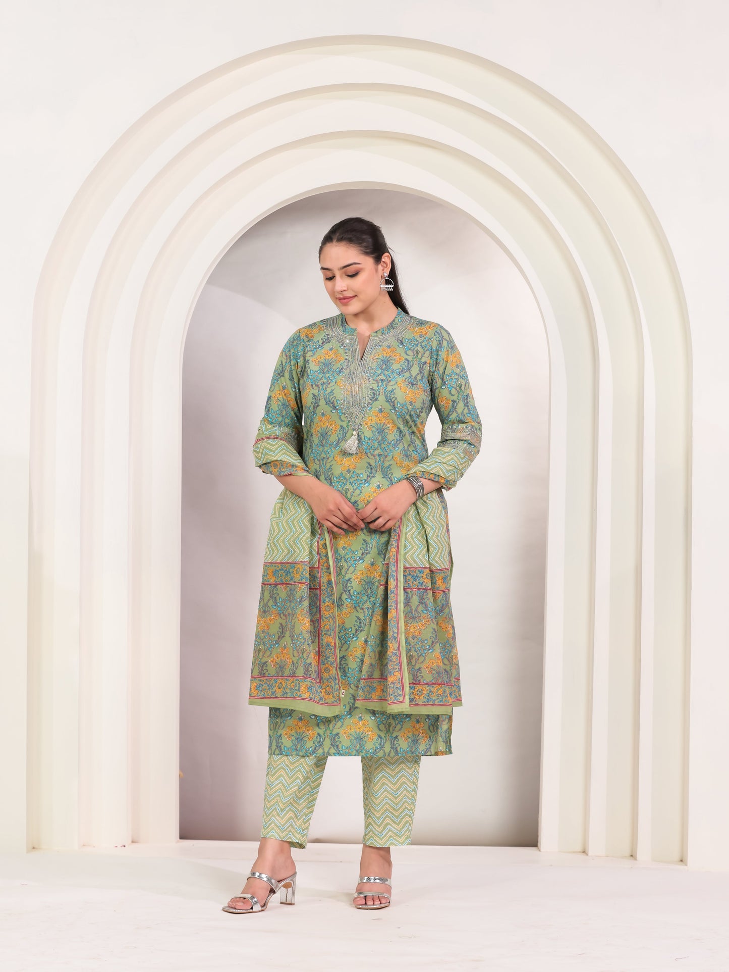 Soft Cotton Floral Straight Green Kurta