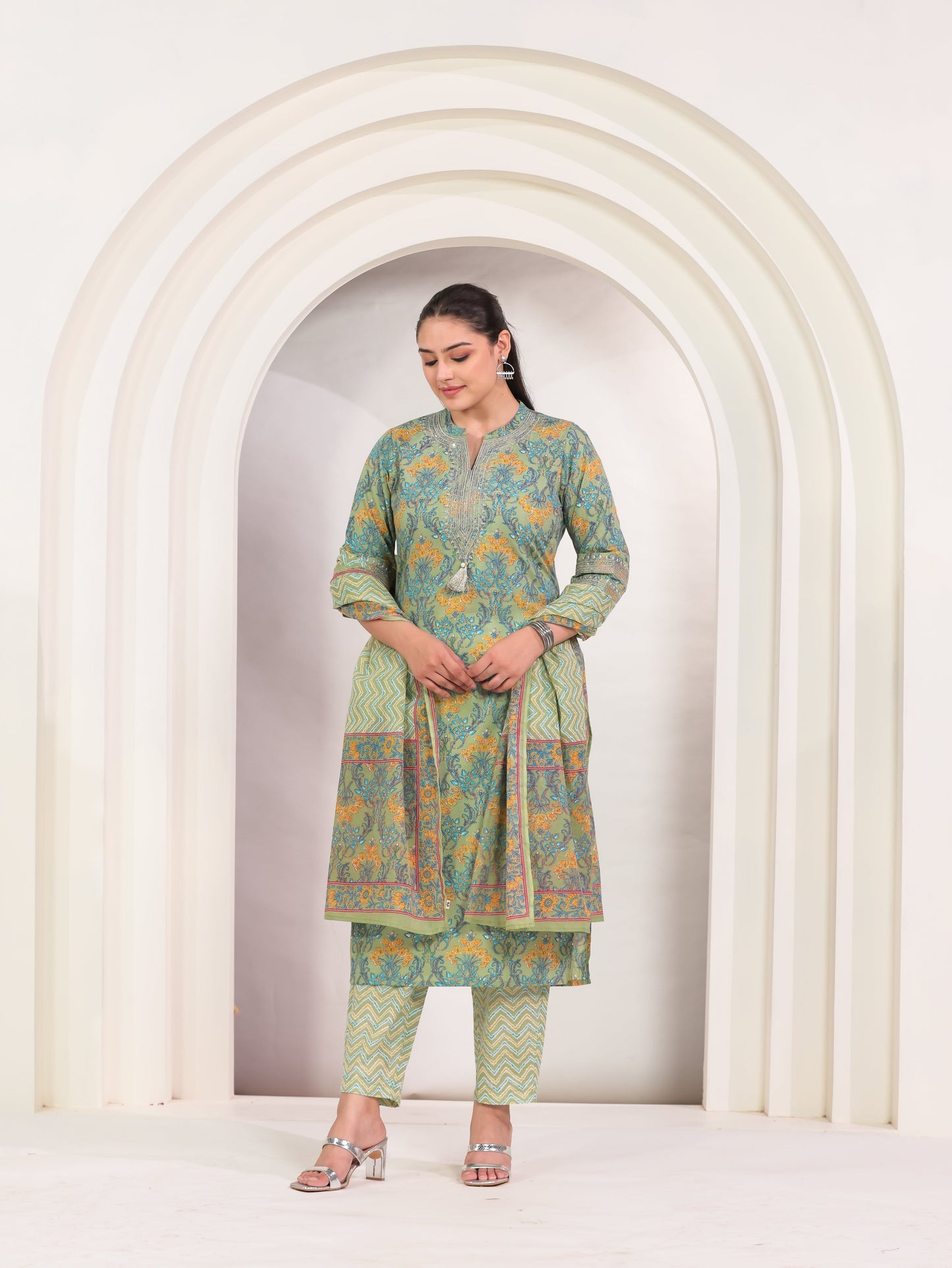 Embroidered Soft Cotton Floral Straight Green Kurta