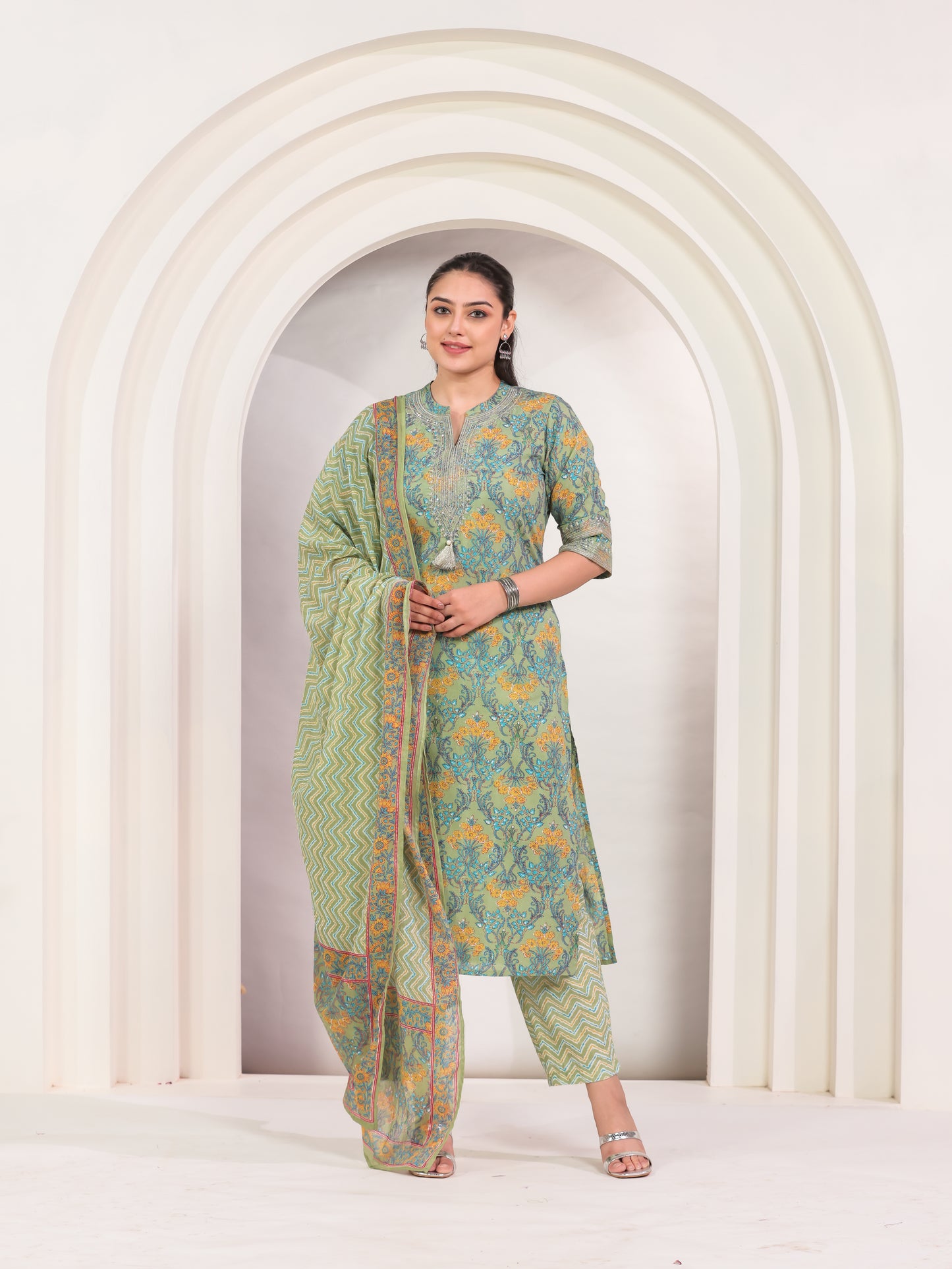 Embroidered Soft Cotton Floral Straight Green Kurta