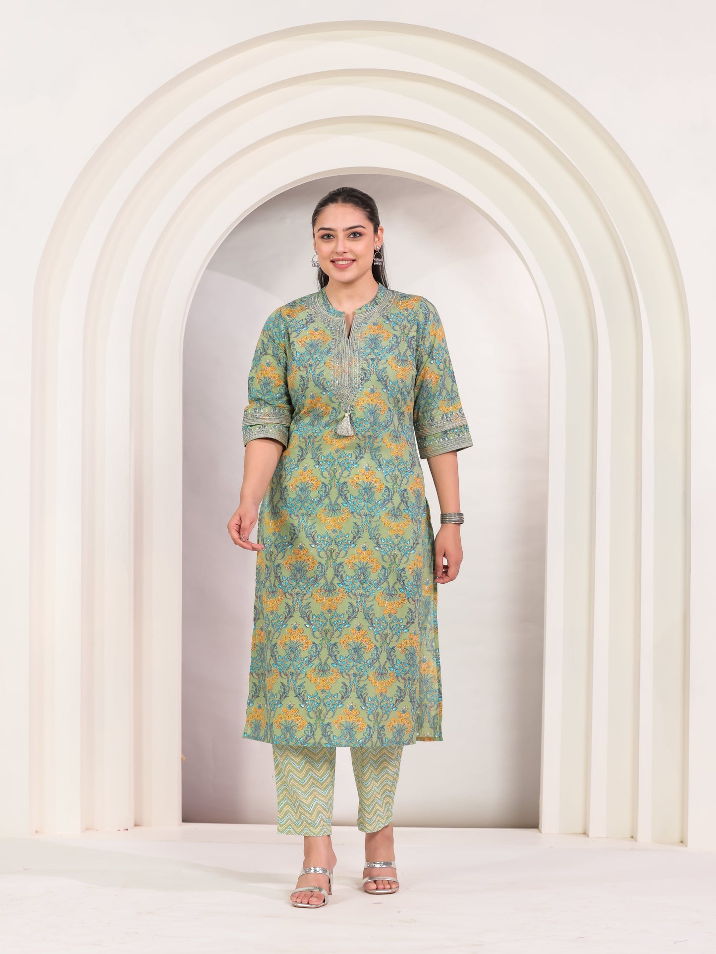 Embroidered Soft Cotton Floral Straight Green Kurta