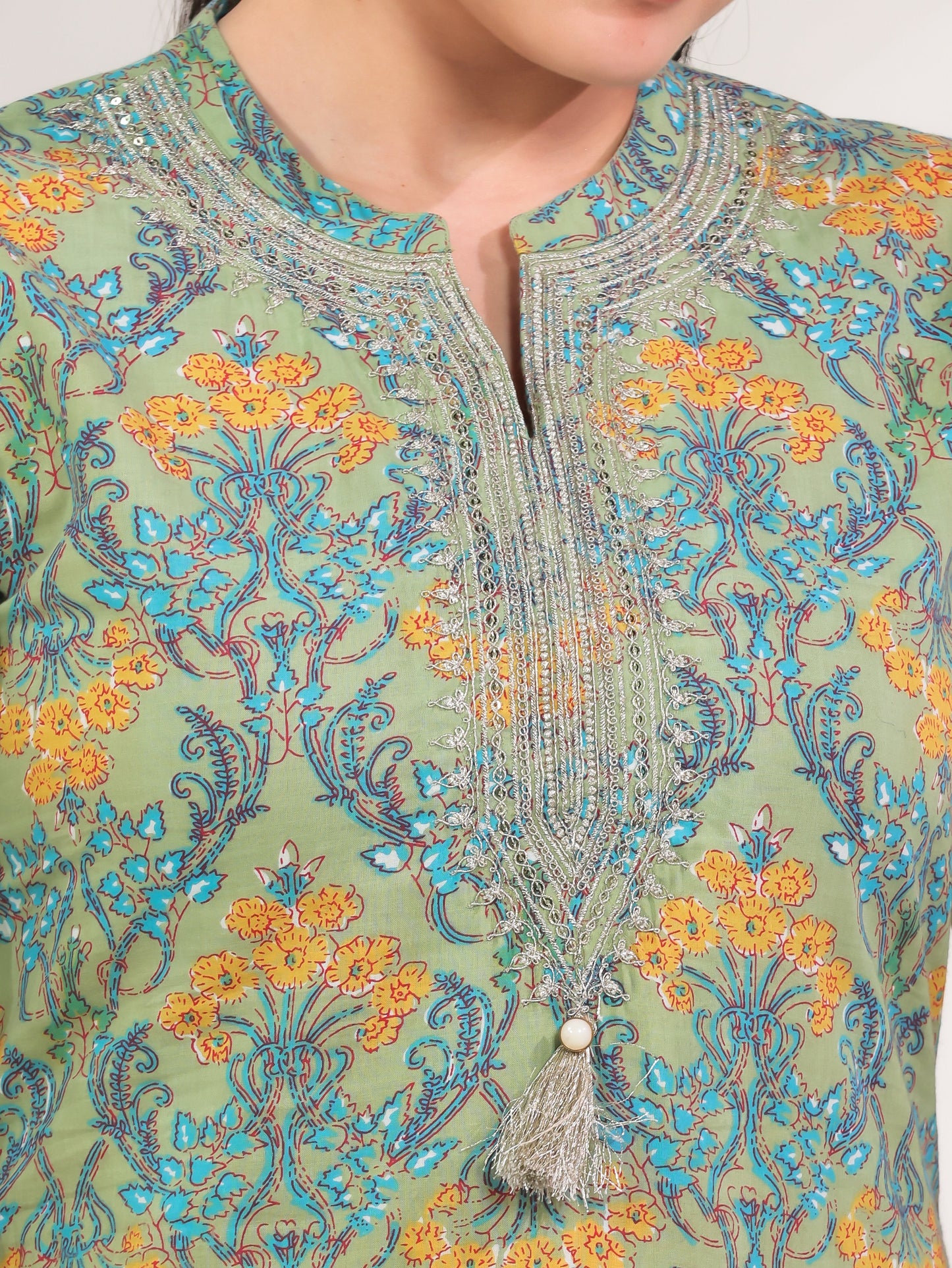 Embroidered Soft Cotton Floral Straight Green Kurta