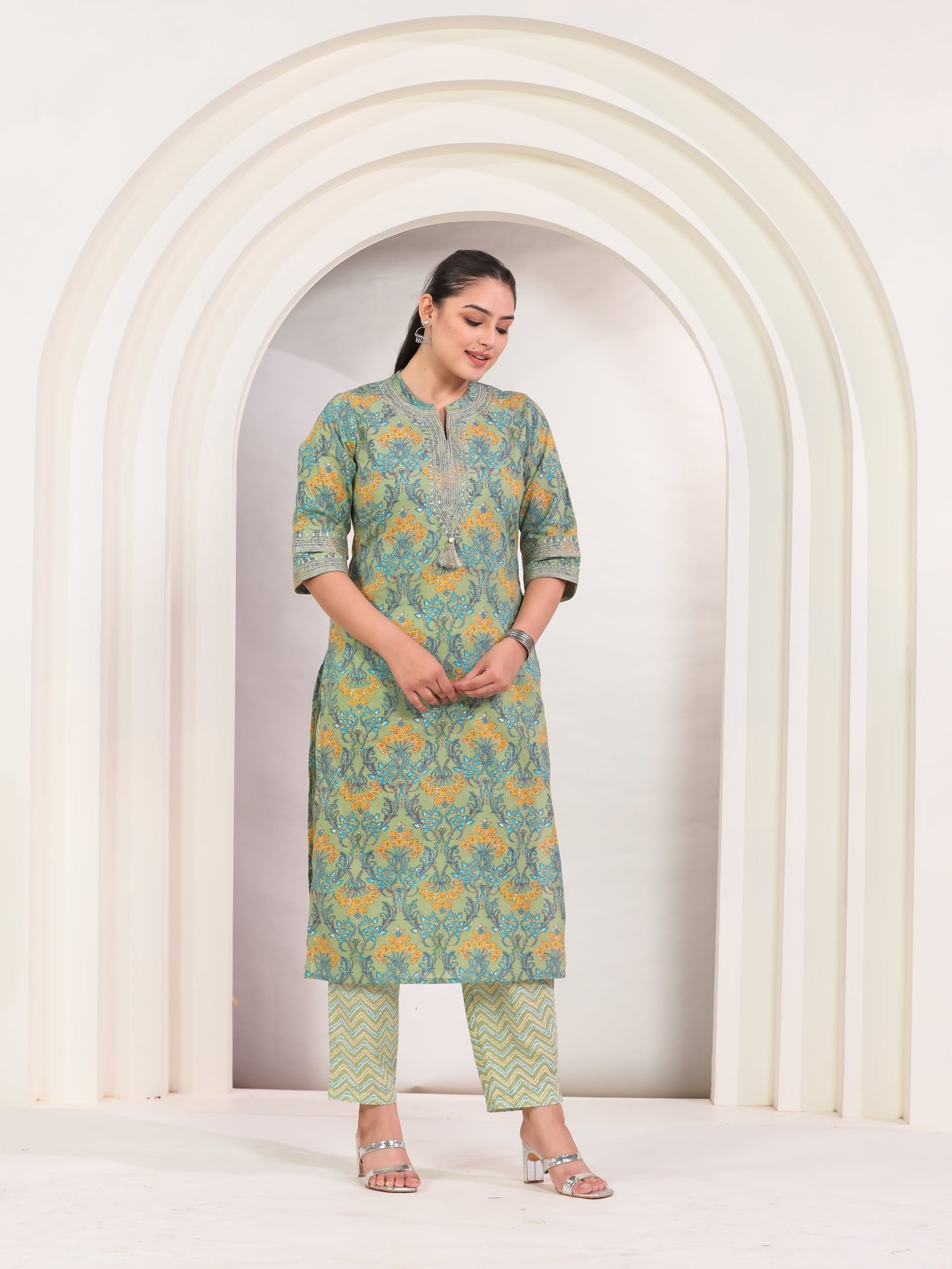 Embroidered Soft Cotton Floral Straight Green Kurta