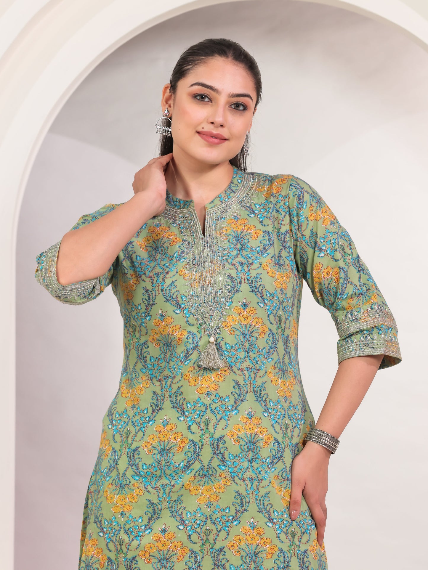 Embroidered Soft Cotton Floral Straight Green Kurta