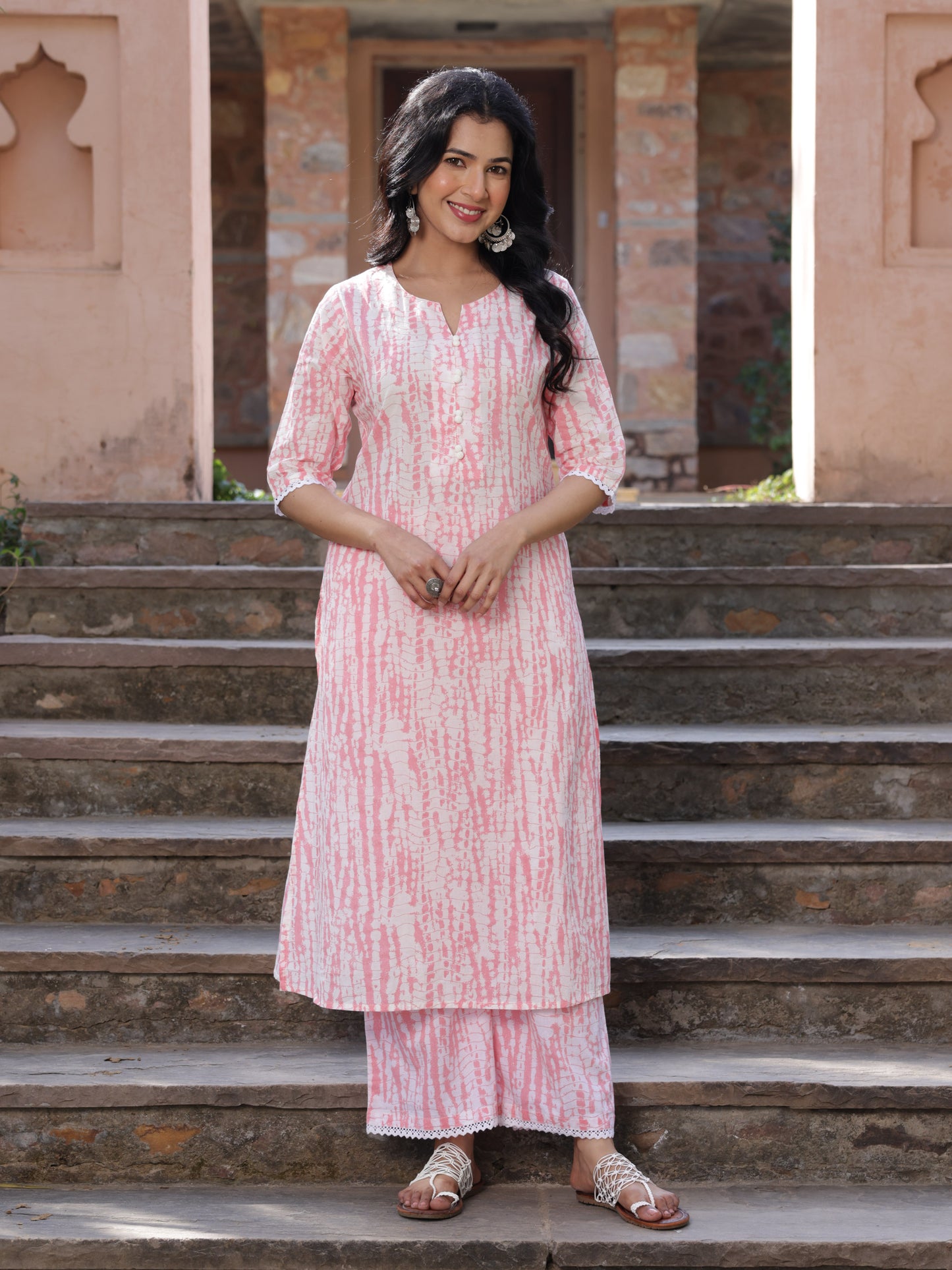 Soft Cotton Tie-dye A-line Pink Kurta