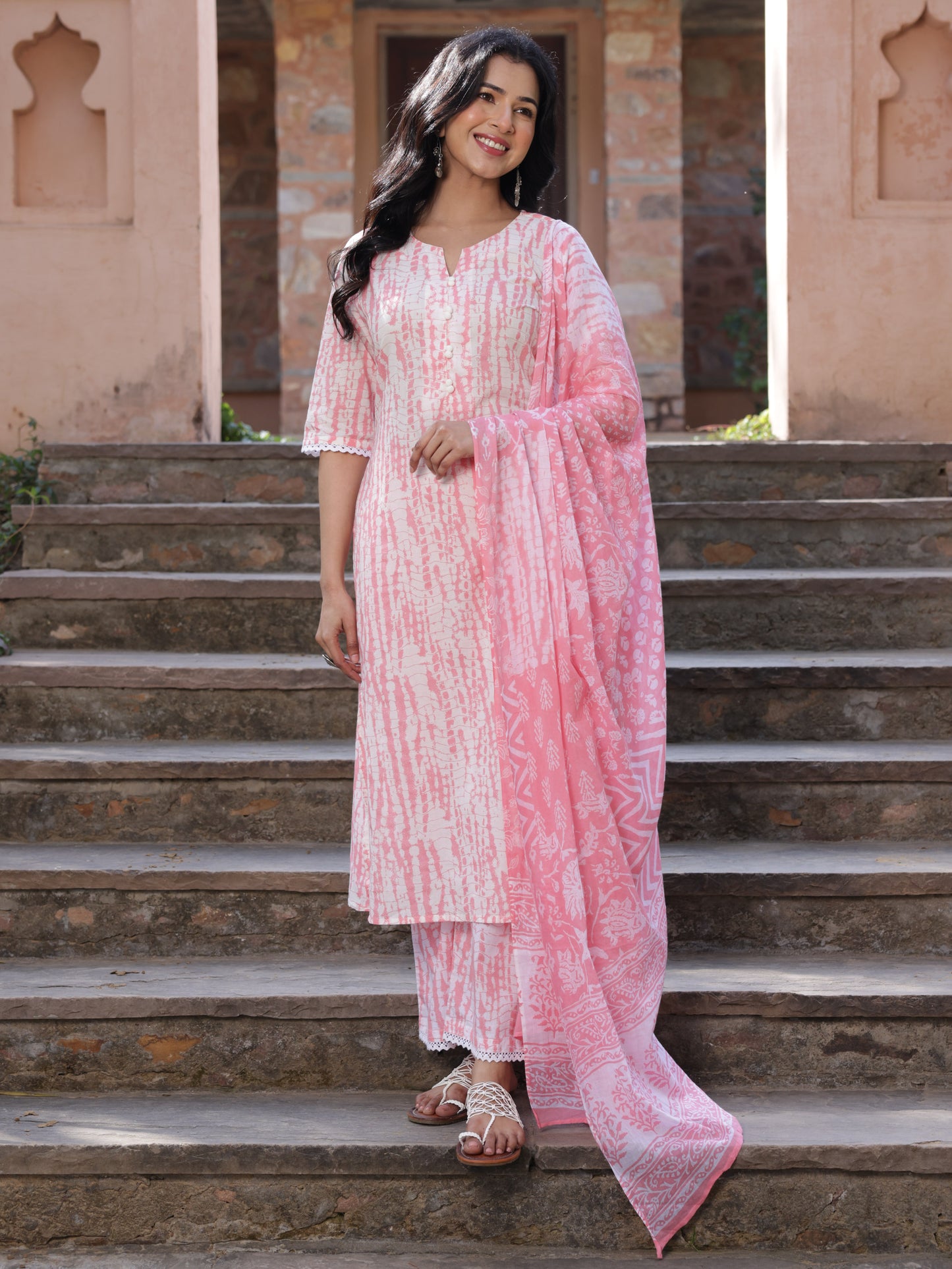 Soft Cotton Tie-dye A-line Pink Kurta