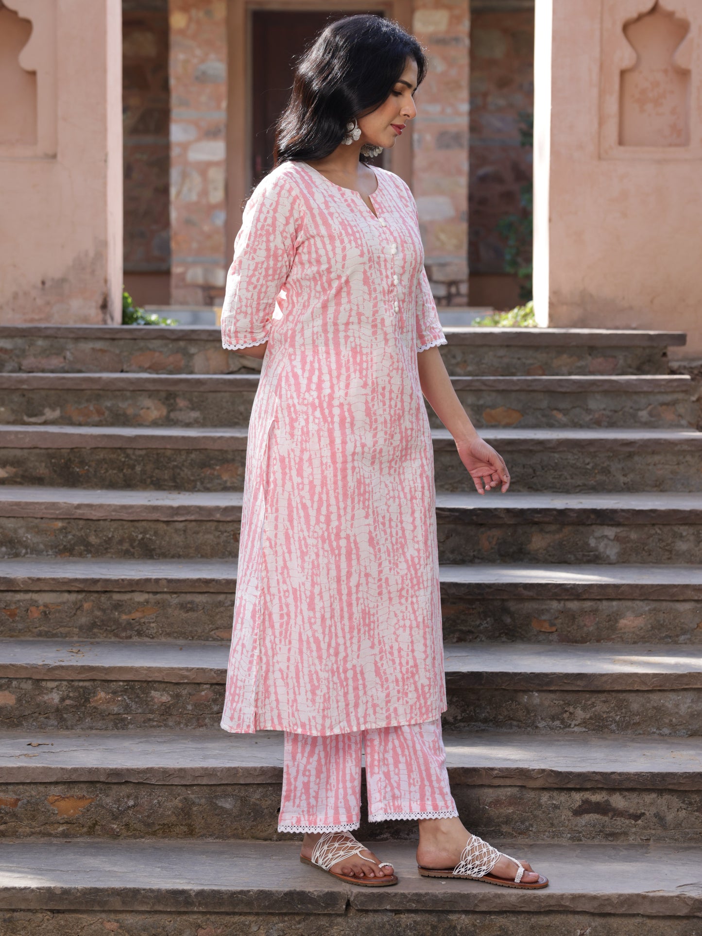 Soft Cotton Tie-dye A-line Pink Kurta
