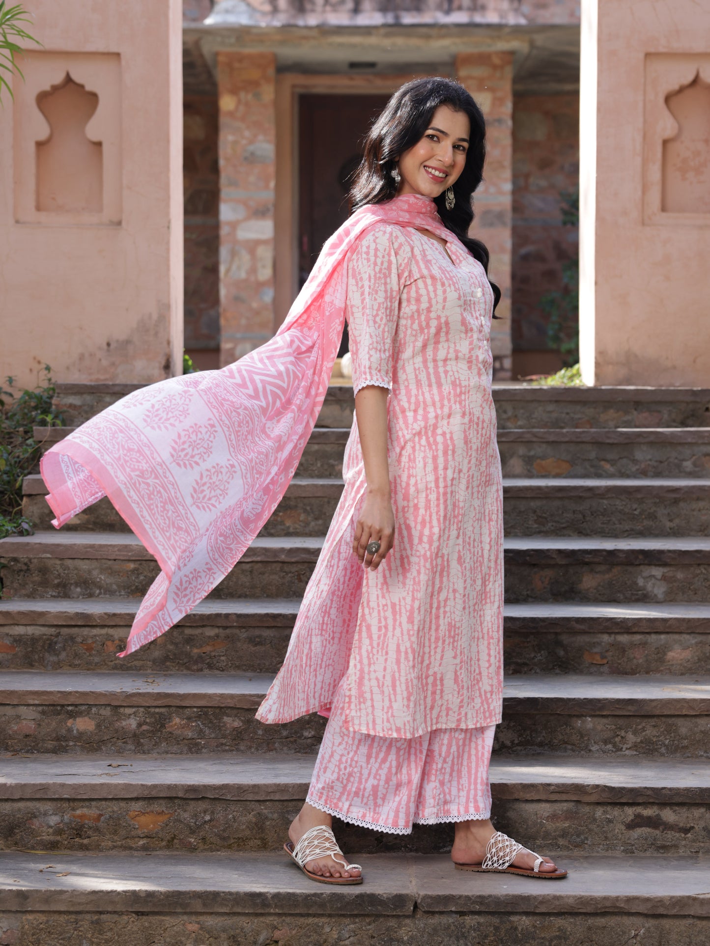 Soft Cotton Tie-dye A-line Pink Kurta